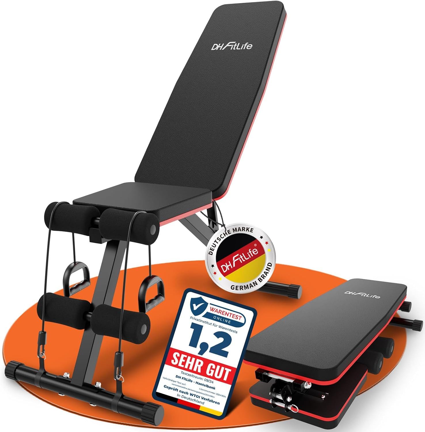DH FitLife Hantelbank Klappbar 8 in 1, 80% Platzsparend, (für Ganzkörpertraining, Schrägbank, Bauchmuskeltrainer), Verstellbare Fitnessbank für Home Gym