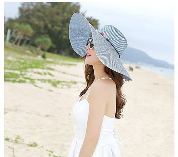 AquaCool Sonnenhut Floppy Disc Hut mit großer Krempe und Schleife Strohhut für Frauen (1-St., Sonnenschutz Hundert Strandhut) Faltbarer Sonnenhut zum Aufrollen