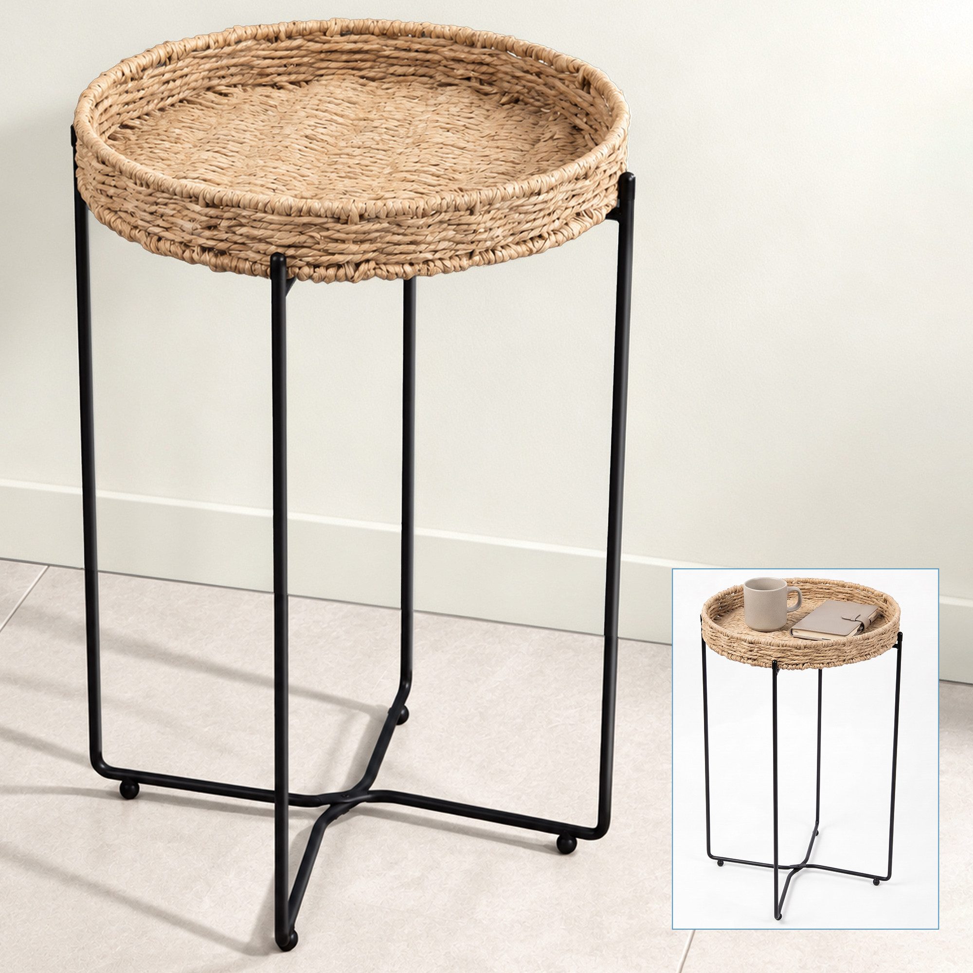 doporro Beistelltisch Couchtisch kleiner Tisch mit 1/2 geflochtenen Ablagen rund Reglo-08, Zwei Materialien zur Auswahl