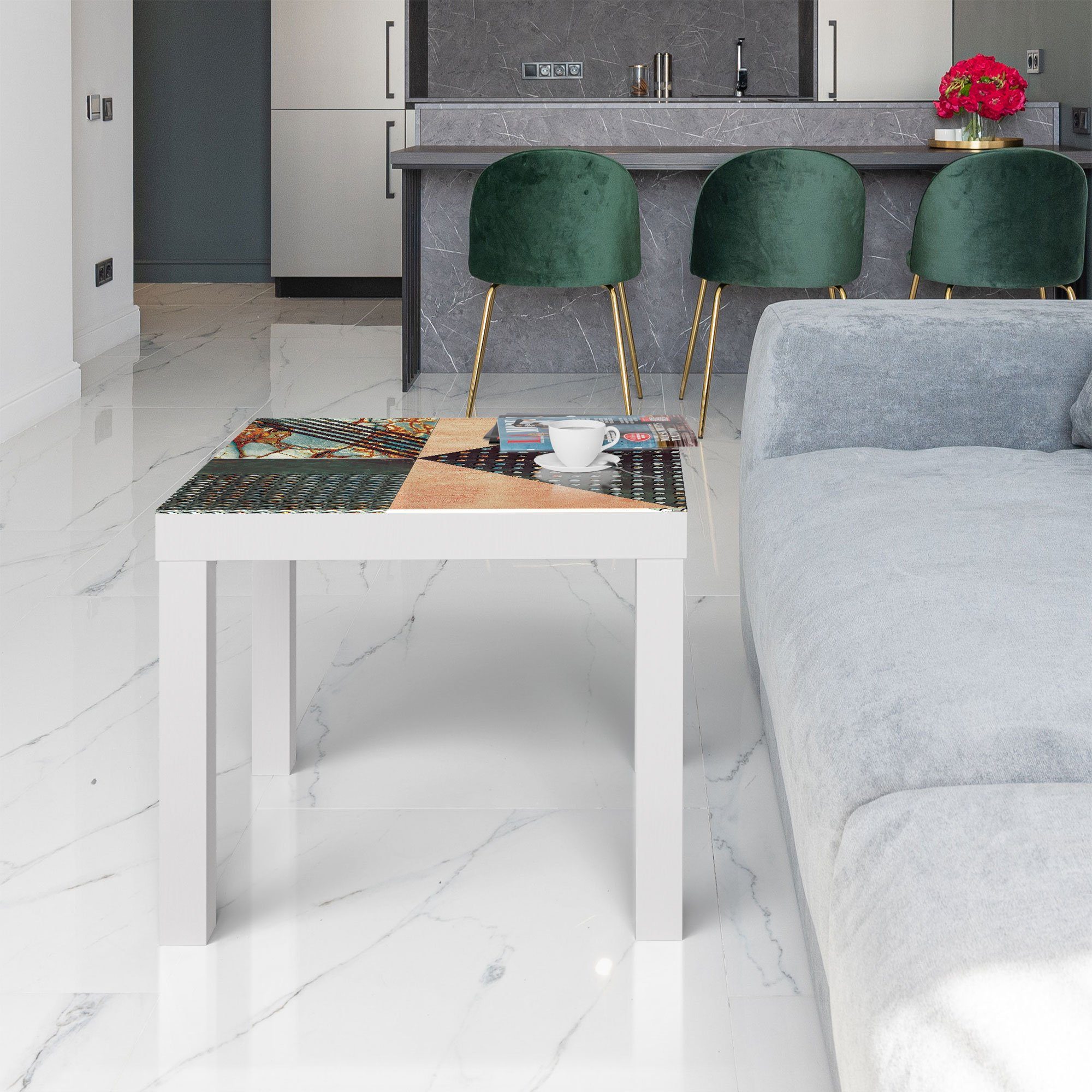 DEQORI 'Dekoratives Glastisch modern Fliesendesign', Weiß Couchtisch Beistelltisch Glas