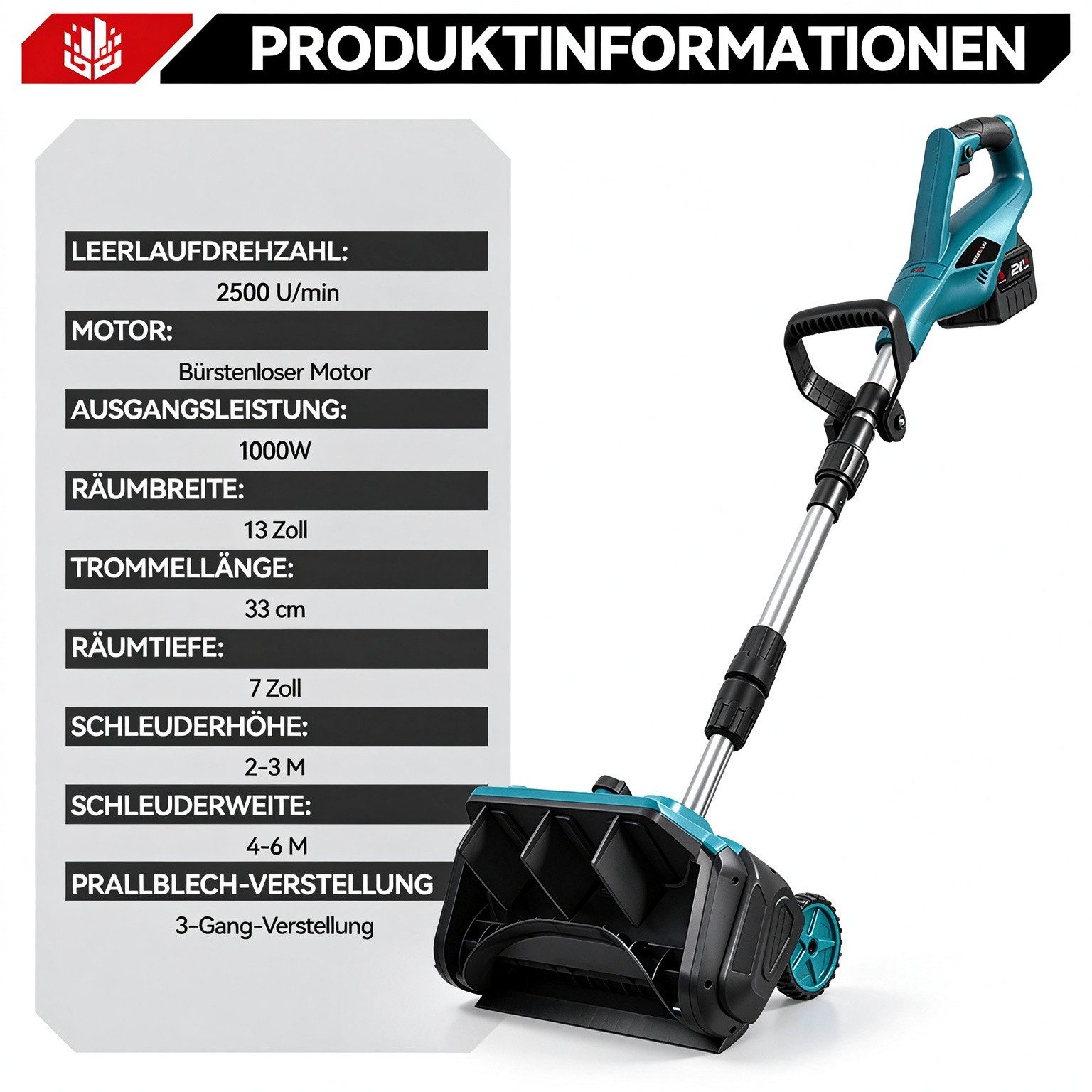 ONEVAN Akku-Schneefräse 1000W bürstenloser Motor, 2500 U/min, kabellose Elektro-Schneeschaufel, 33 cm Arbeitsbreite, (mit 2 × 21V-4000mAh Akkus), 32 cm Arbeitsb – Bild 5 von 5