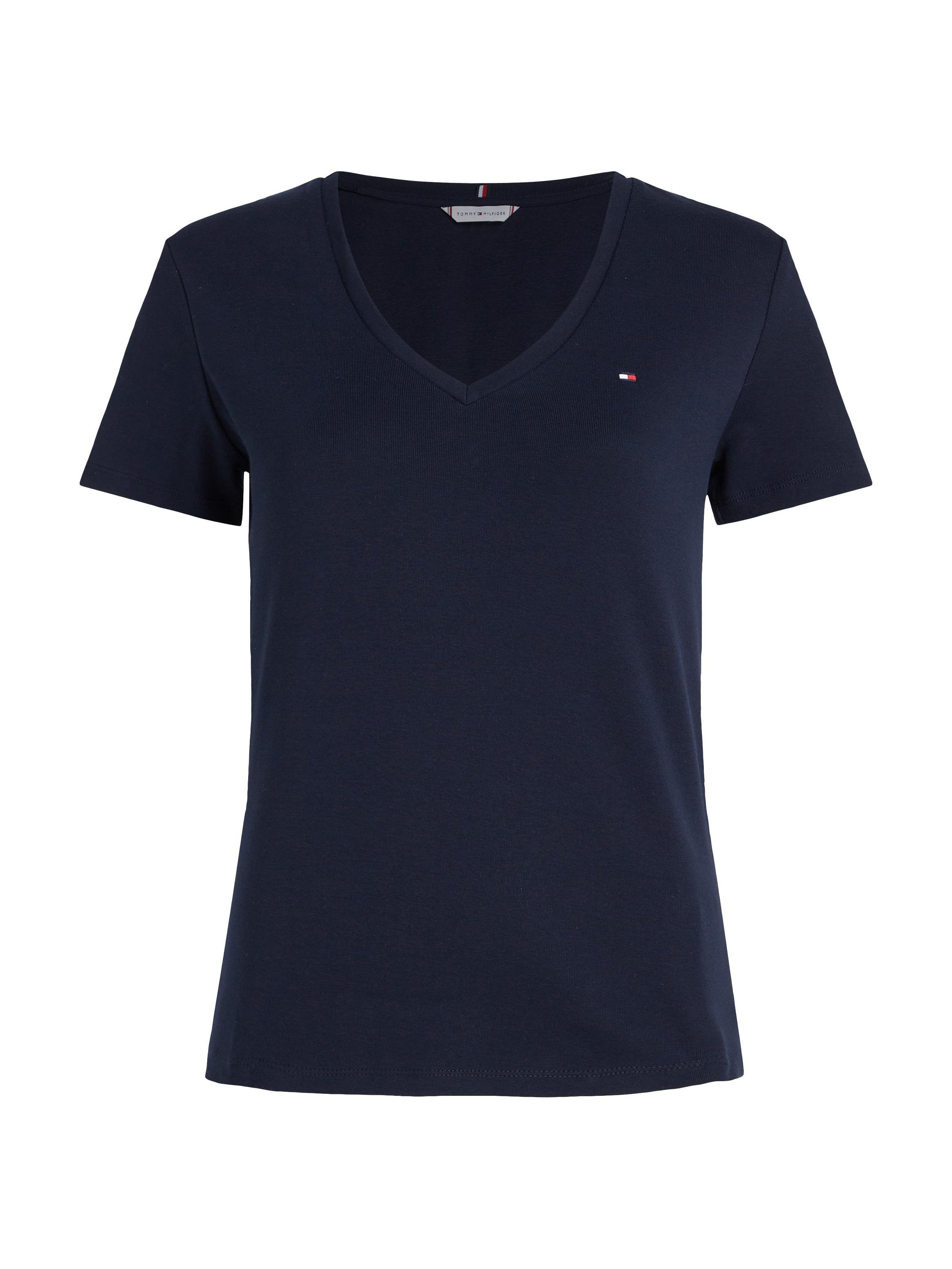 Hilfiger Logostickerei T-Shirt SLIM V-NECK RIB SS CODY Tommy mit dunkelblau dezenter
