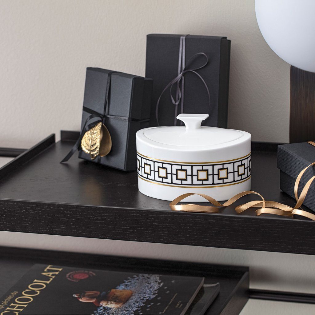 Villeroy & Boch Signature Zuckerdose MetroChic Zuckerdose, 330 ml, Weiß-Schwarz-Gold, Porzellan, (1-tlg), Premium Bone Porcelain, 1 Stck, spülmaschinenfest