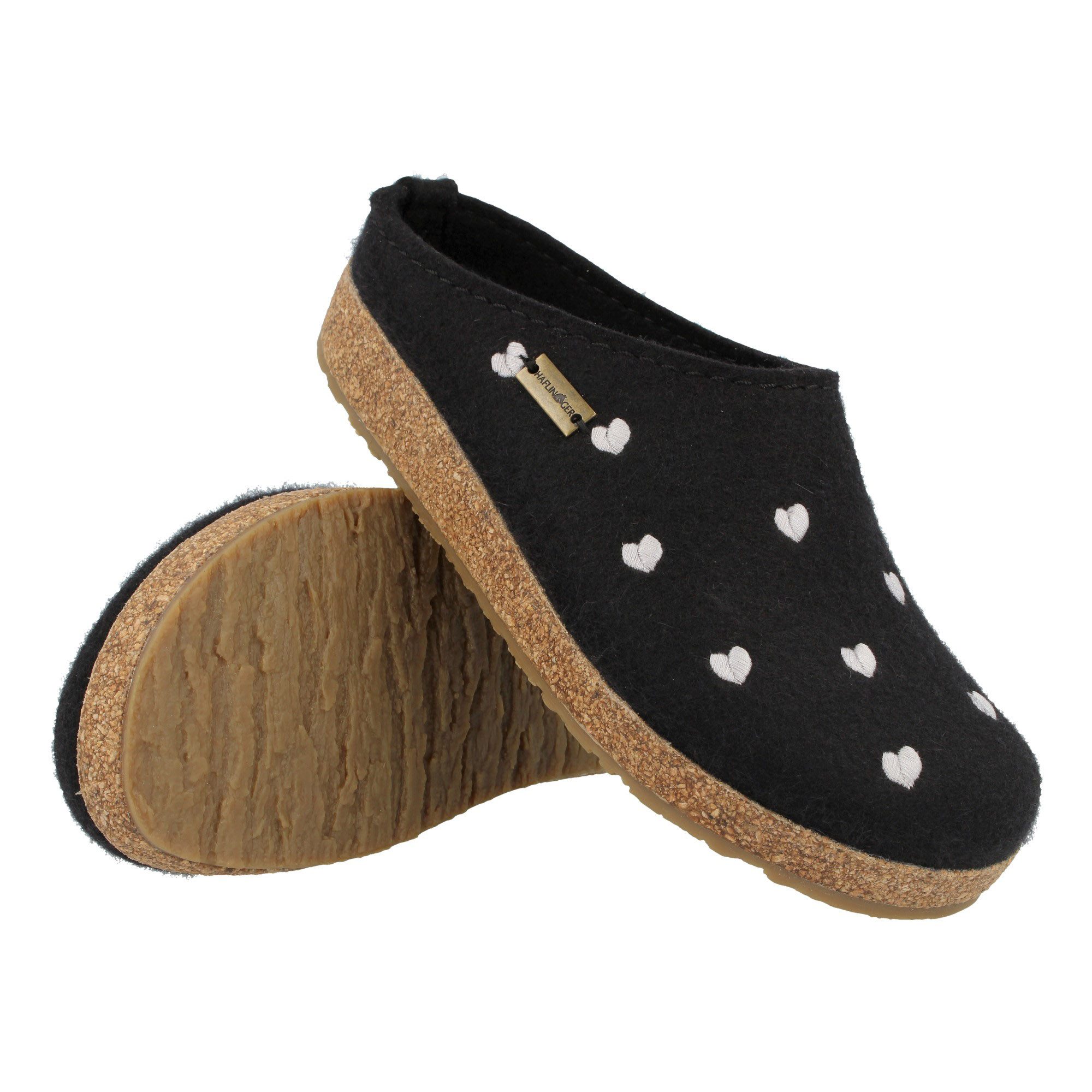 Haflinger Grizzly Cuoricino Filzclog aus reinem Wollfilz Unisex Herzmotiv Hausschuh