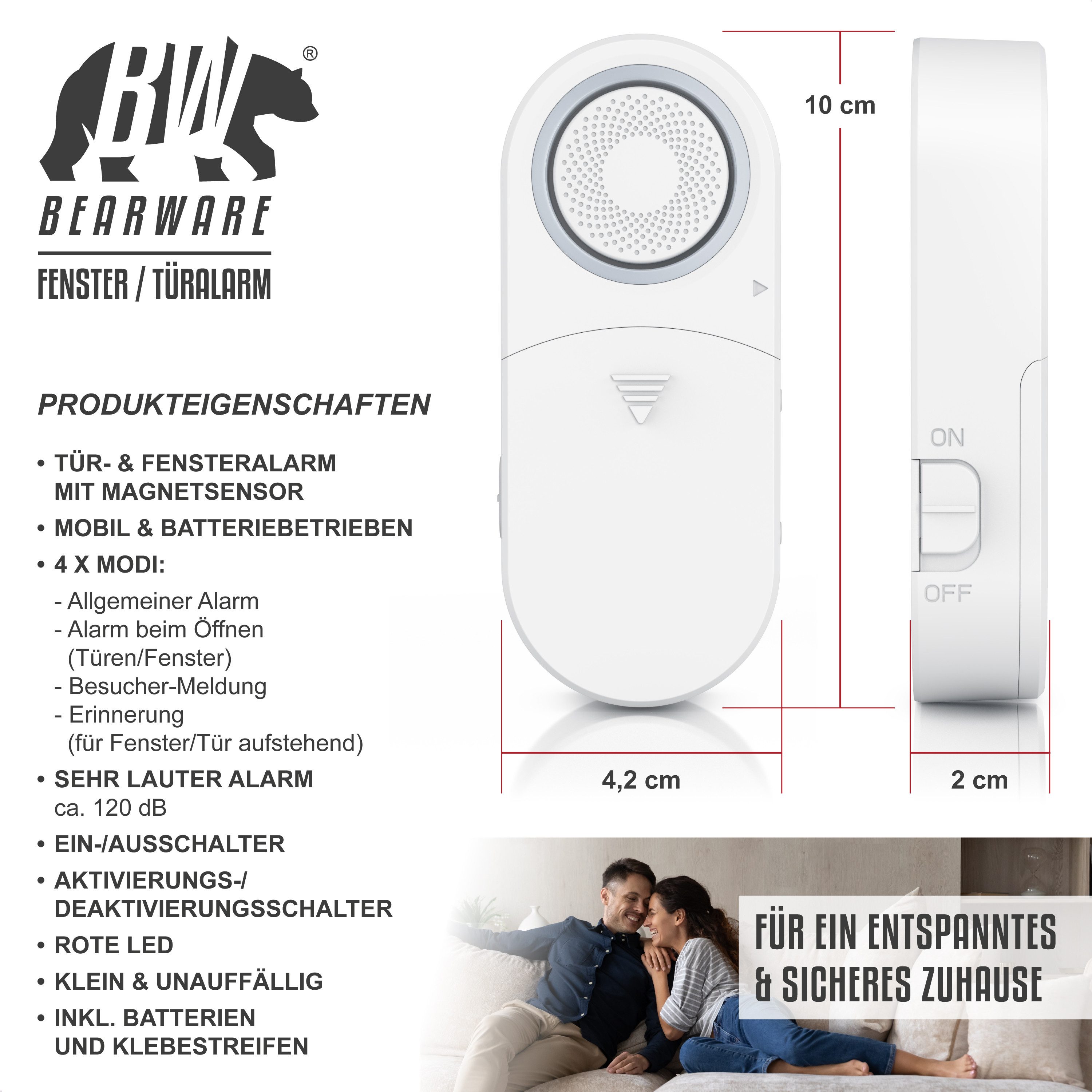 BEARWARE Fensteralarm / Türalarm, 120 dB lauter Signalton, Alarmsensor Fensteröffnungsmelder (für Tür & Fenster, Einbruchschutz, mit Batterien, Alarmanlage)
