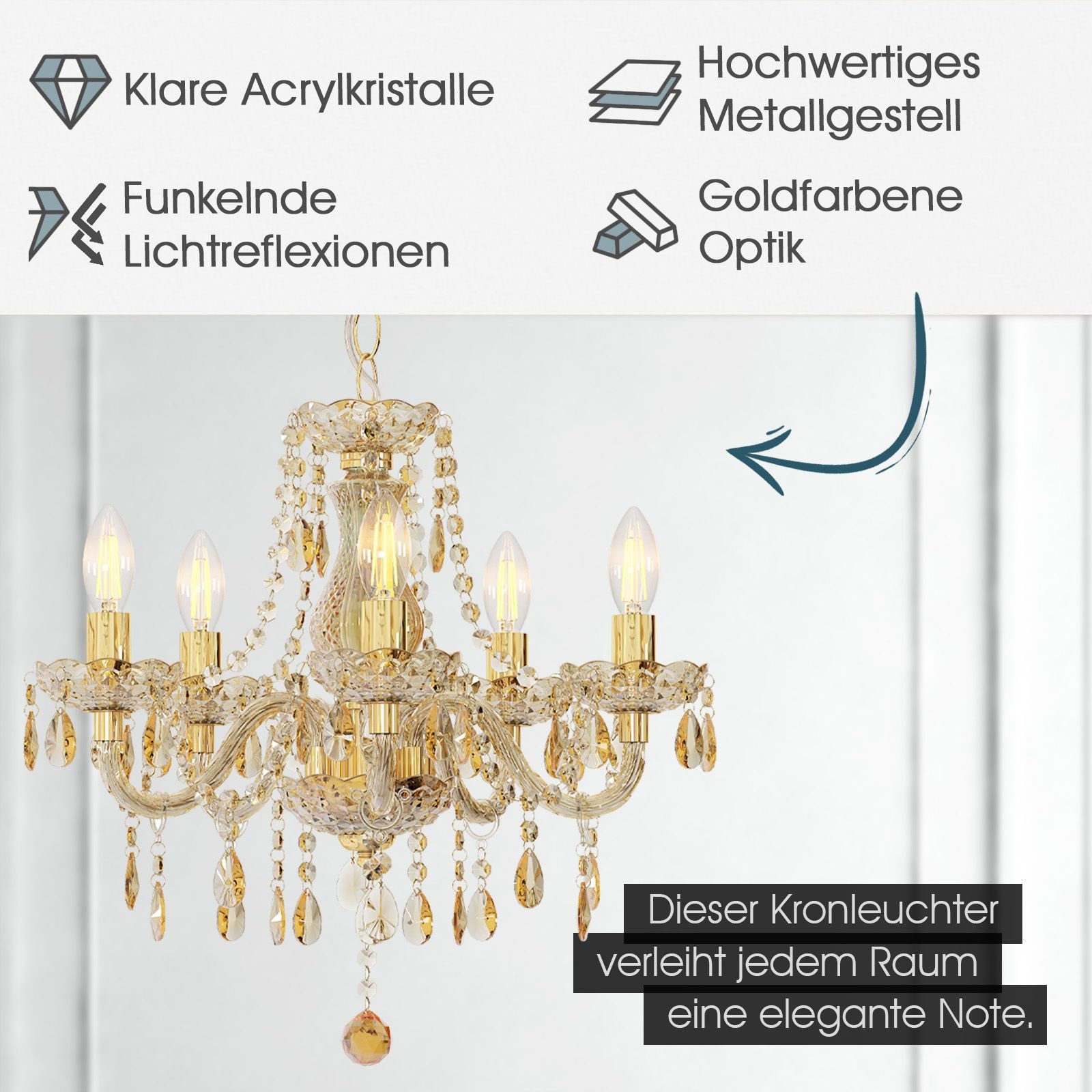bmf-versand Kronleuchter Kronleuchter Wohnzimmer Gold Kristall günstig online kaufen