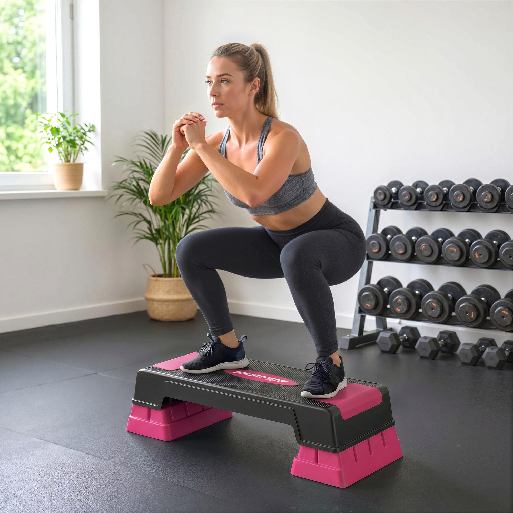 SPORTNOW Stepper mit 3 Stufen (12/17,5/22,5 cm), Anti-Rutsch-Matte (Step Bench, 2-tlg., Aerobic Stepper), für Zuhause Fitnessstudio Büro Schwarz+Rosa