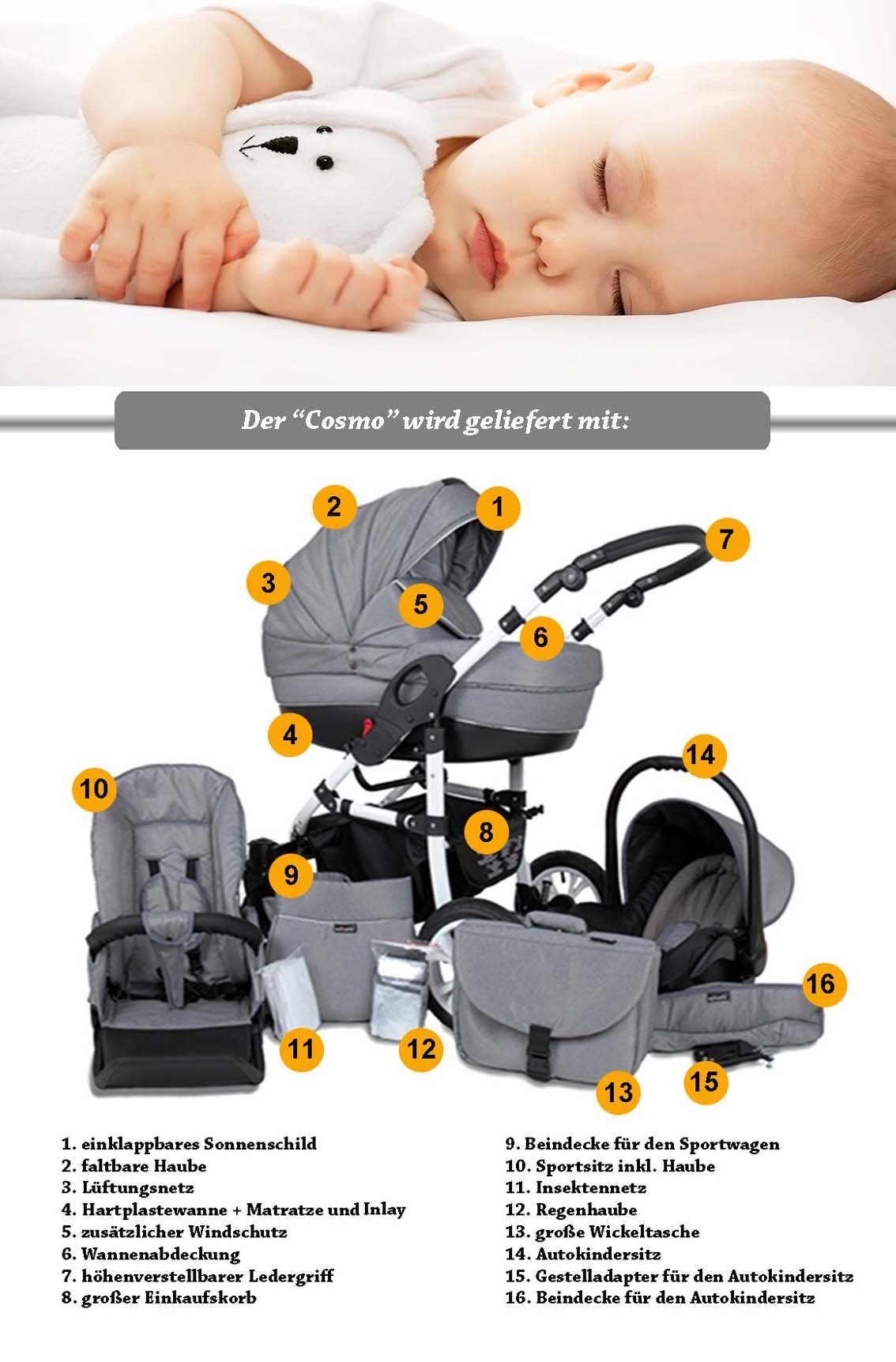 3 - - 1 in Cosmo in babies-on-wheels Teile 16 Farben Kombi-Kinderwagen 29 Kinderwagen-Set ECO Grau-Orange