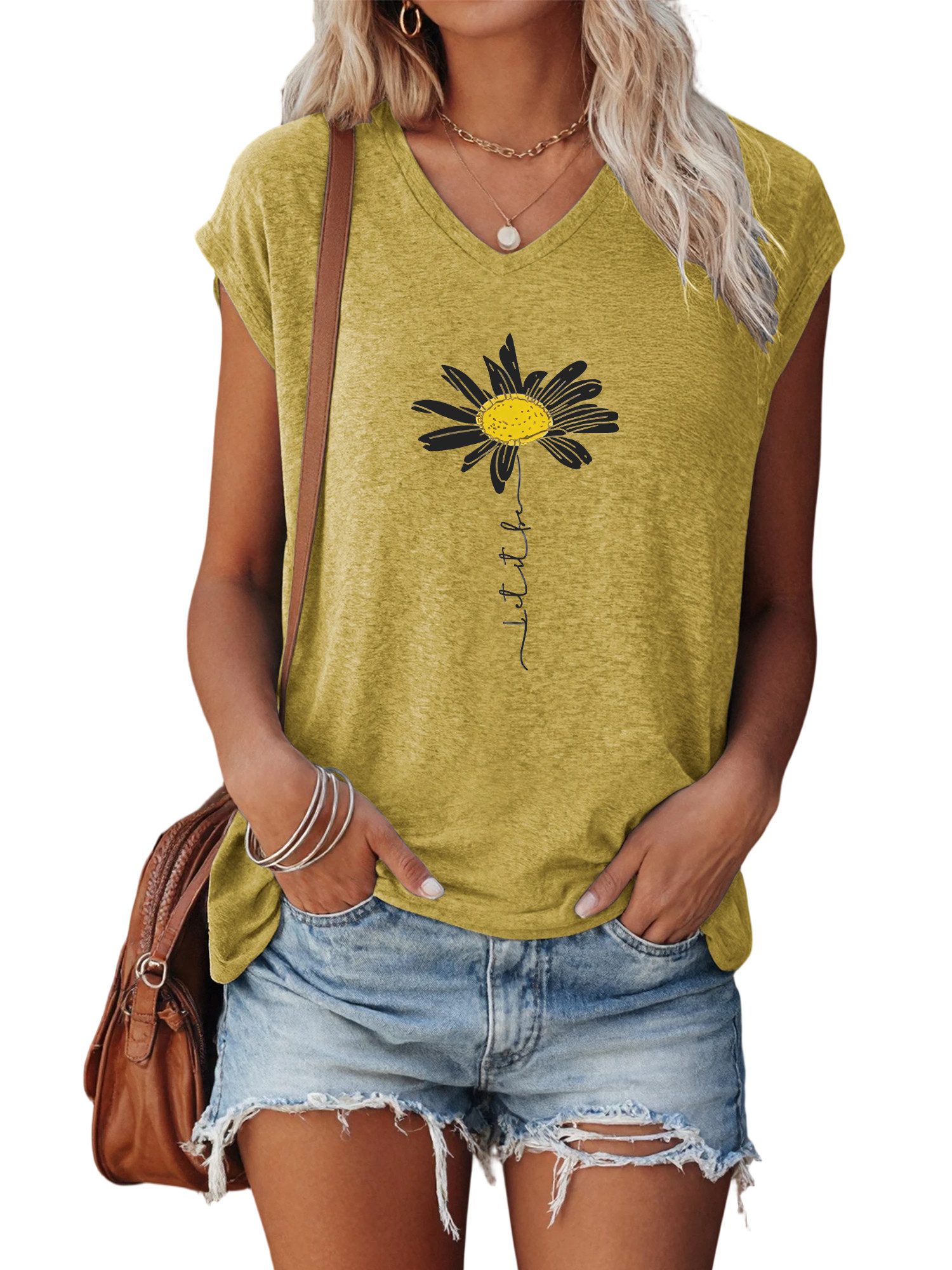 PYLIKE V-Shirt Damen bequemes Sommer Casual Ärmellos-Shirt Kurzarm Lockere günstig online kaufen