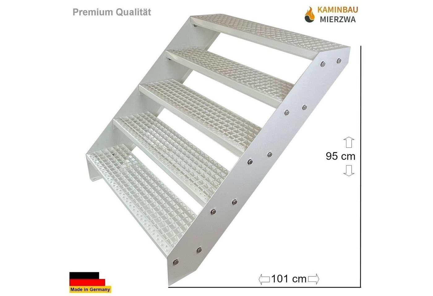 Thumbnail - Kaminbau Mierzwa Außentreppe Premium Treppe Komplett Weiß Höhe Verstellbar, für Geschosshöhen bis 95 cm, Stufen Gitterro...