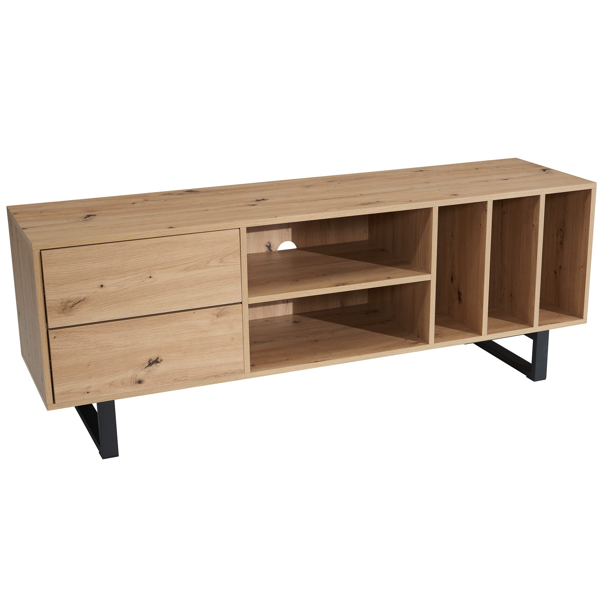 FINEBUY Lowboard FB56046 (Eiche-Dekor, 150x55x40 cm, zwei Schubladen), TV-Kommode Hoch, TV-Schrank Modern Fernsehtisch