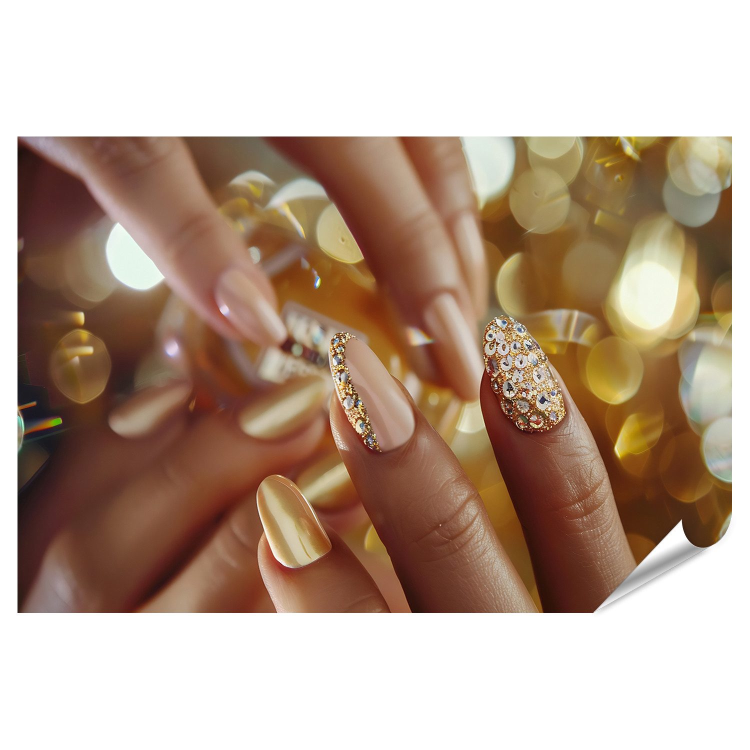 Poster Goldene Nagelkunst im Urlaubsstil mit heller Maniküre, funkelnden Edel