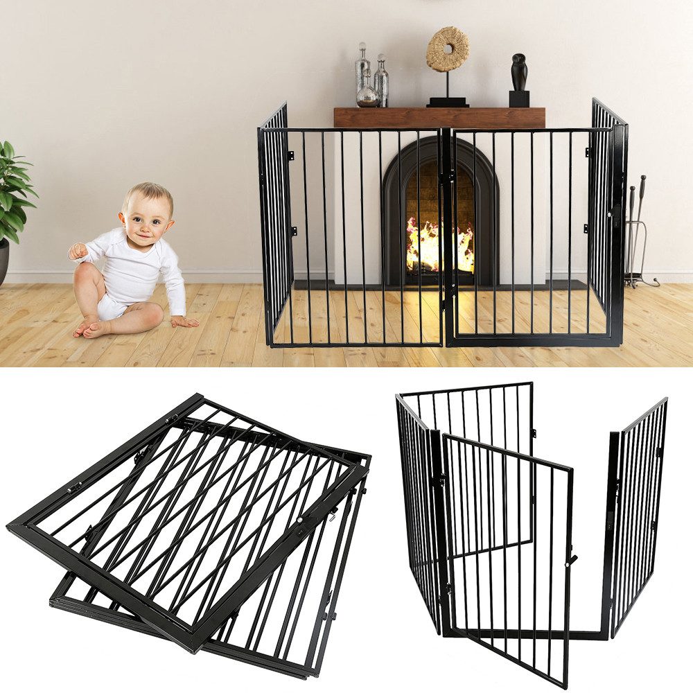 JEOBEST Ofenschutzgitter Kinderschutzgitter 4-tlg Faltbar Schwarz inkl. Sicherheitstür, 2.4M Laufstall Absperrgitter Tierschutzgitter Türschutzgitter