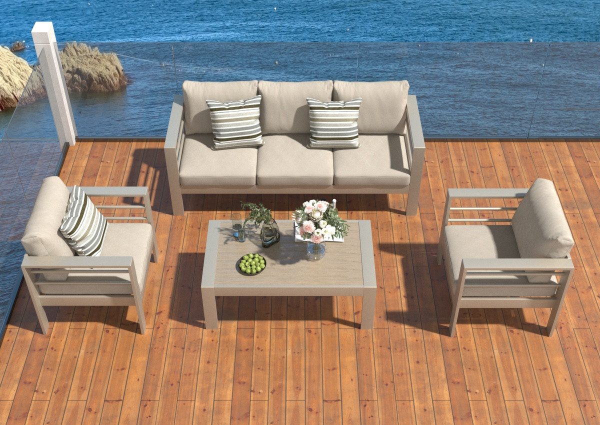 MeXo Gartenlounge-Set XXL Gartenmöbel Set Aluminium Outdoor, (Set, 4-tlg., 1×3-Sitzer Sofa, 2×Sessel, 1×Tisch, 10×Auflagen), wetterfest Sitzgruppe Essgruppe Gartengarnitur für 4-5 Personen, Beige
