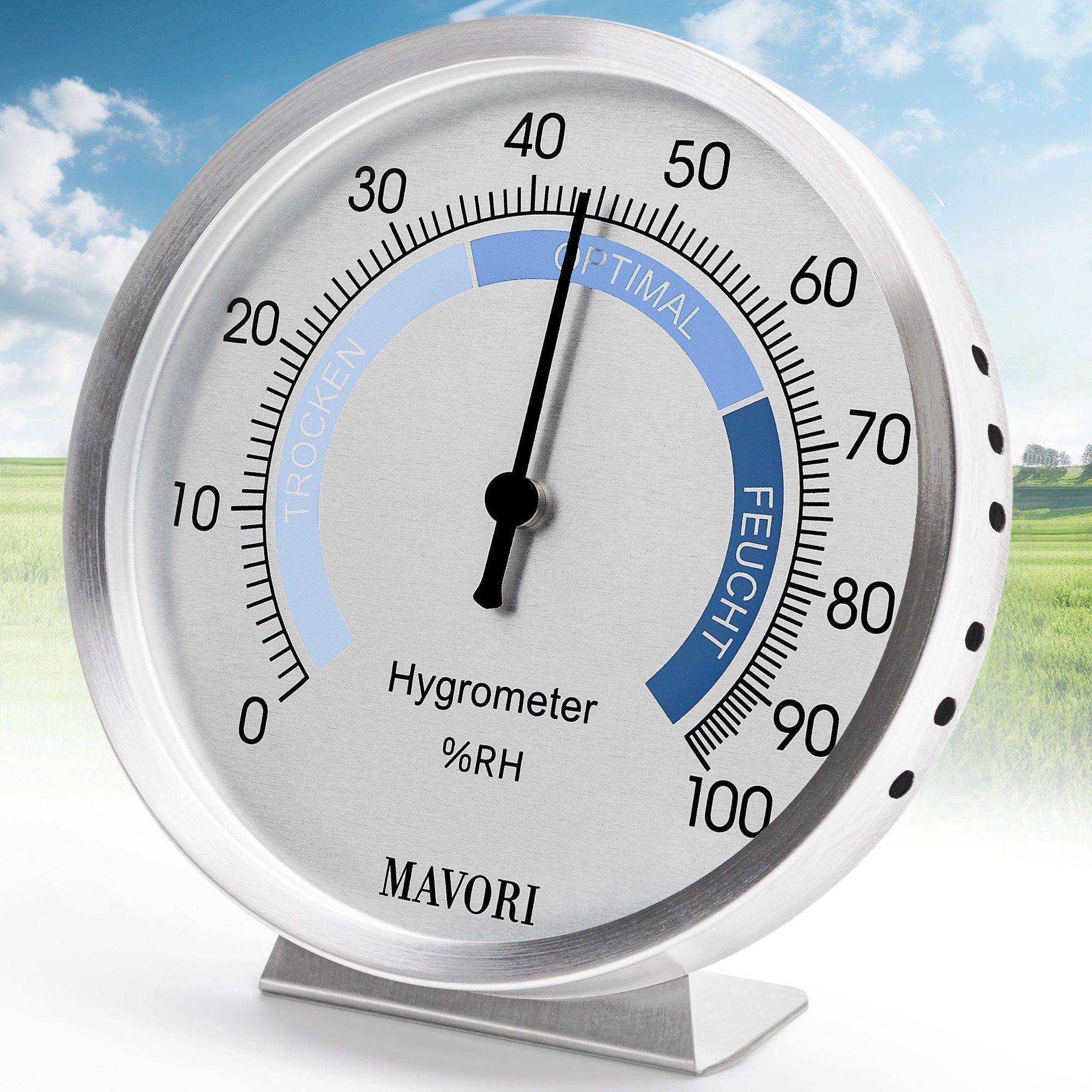 MAVORI Hygrometer analog aus Edelstahl - präzise und stilvoll - Ø 9,5cm, batteriefreier Betrieb (Bi-Metall)