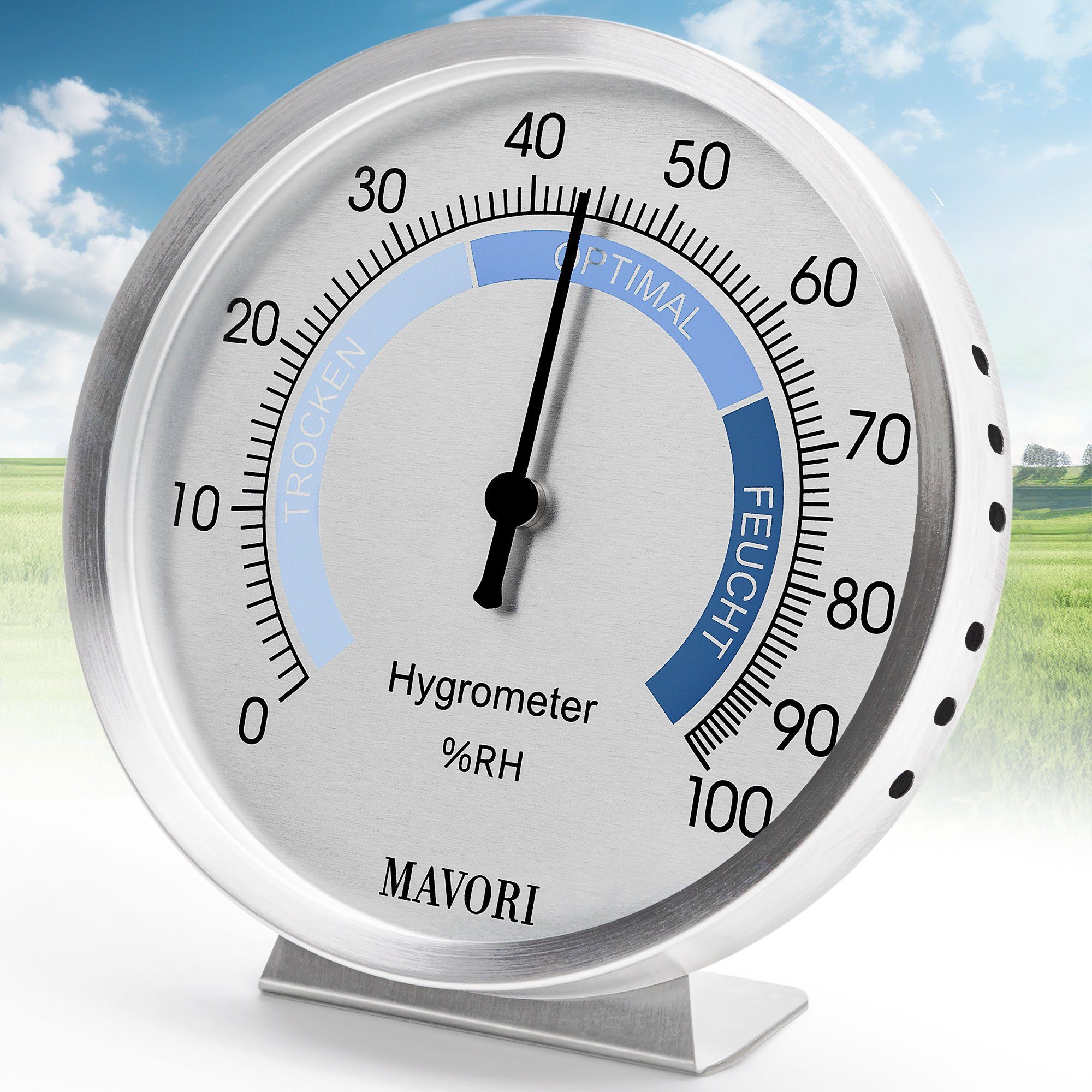 MAVORI Hygrometer analog aus Edelstahl - batteriefrei - präzise und  stilvoll - Ø 9,5cm, batteriefreier Betrieb (Bi-Metall)