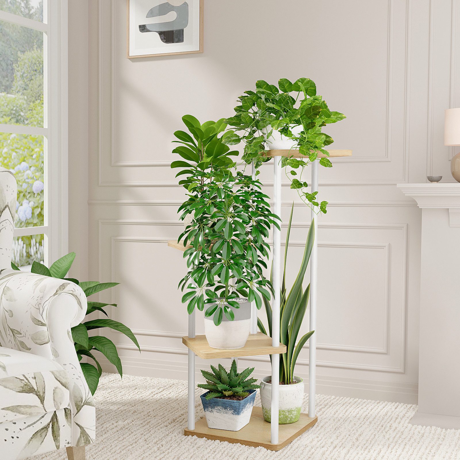 Bamworld Blumenständer Pflanzenständer, Pflanzenregal, Modernes Regal für Innenpflanzen (1 St), 4 Ebenen, 30x30x80cm, Ideal für Wohnzimmer, Balkon und Büro