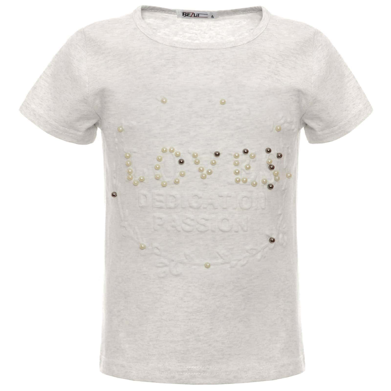 BEZLIT T-Shirt Mädchen T-Shirt Kunst-Perlen (1-tlg) mit Kunstperlen Grau