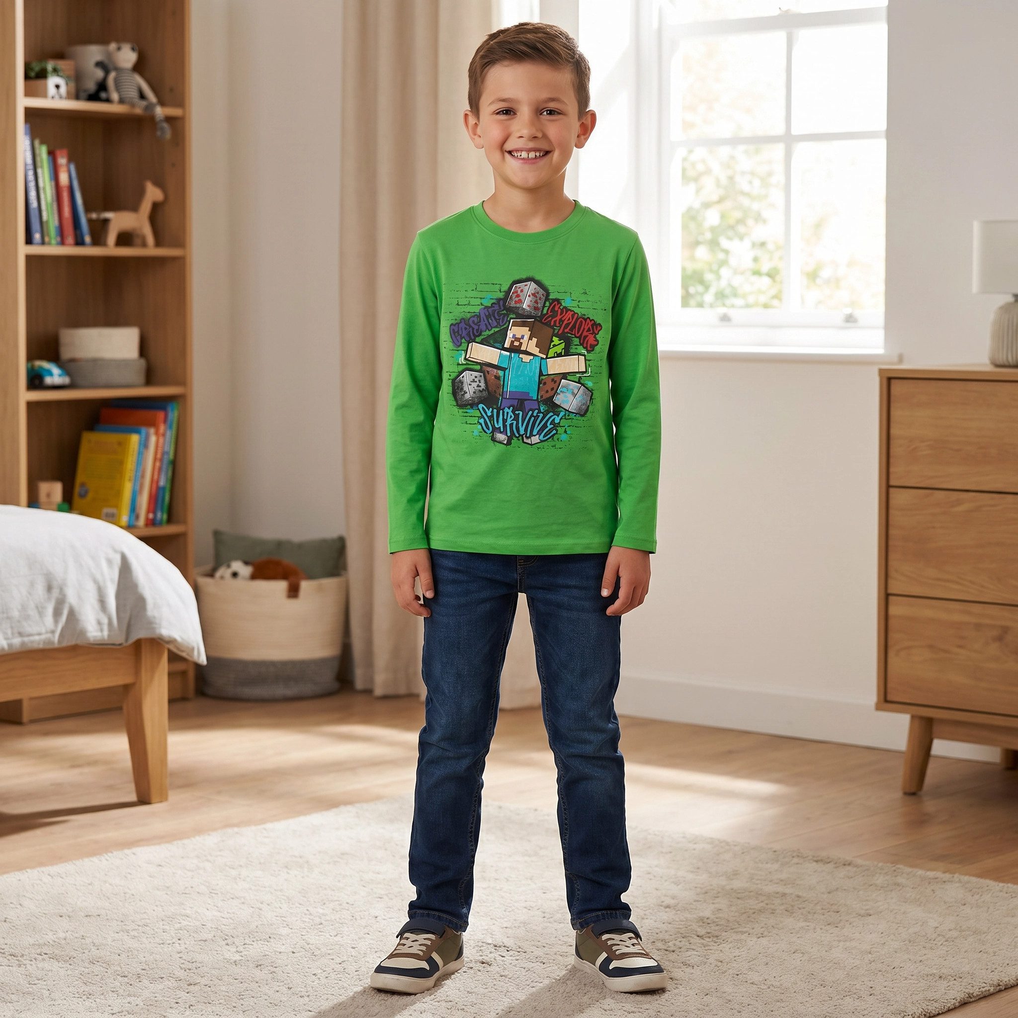 Minecraft Langarmshirt Minecraft Steve Survive Kinder langarm Shirt Gr. 116 bis 152, 100% Baumwolle