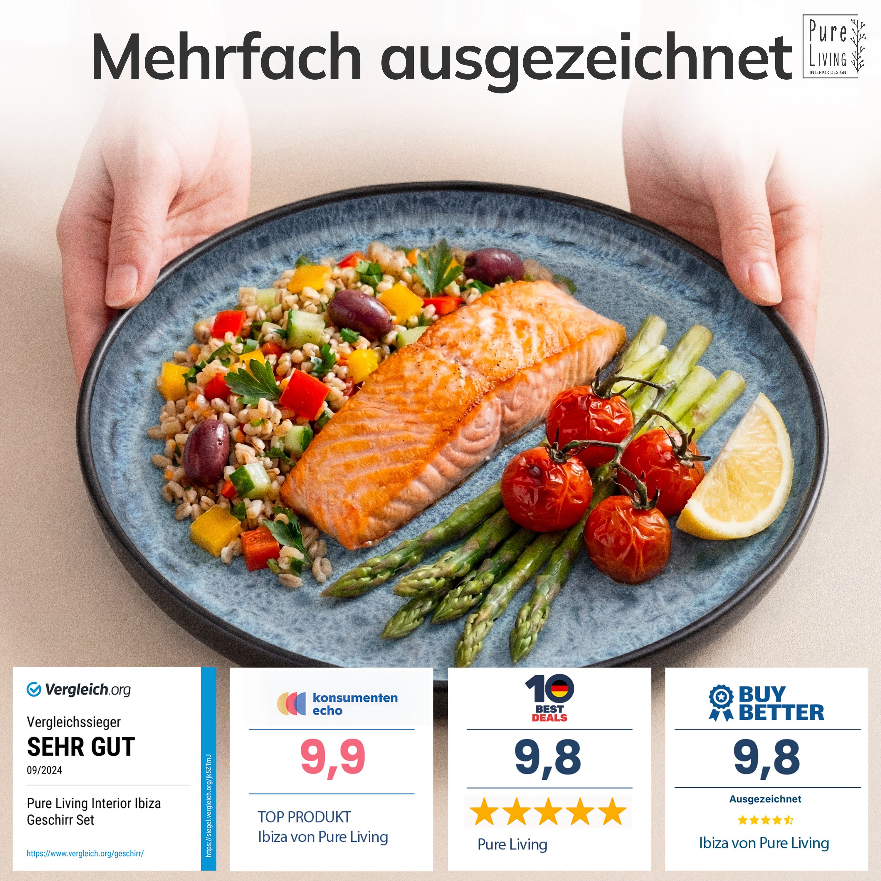PURE LIVING INTERIOR DESIGN Geschirr-Set Pure Living »Ibiza« (18-tlg), 6 Personen, Steingut, Rauchblau, 6 Personen, Steingut, Mediterrane Handwerksoptik, Reaktive Glasur – jedes Stück einzigartig…