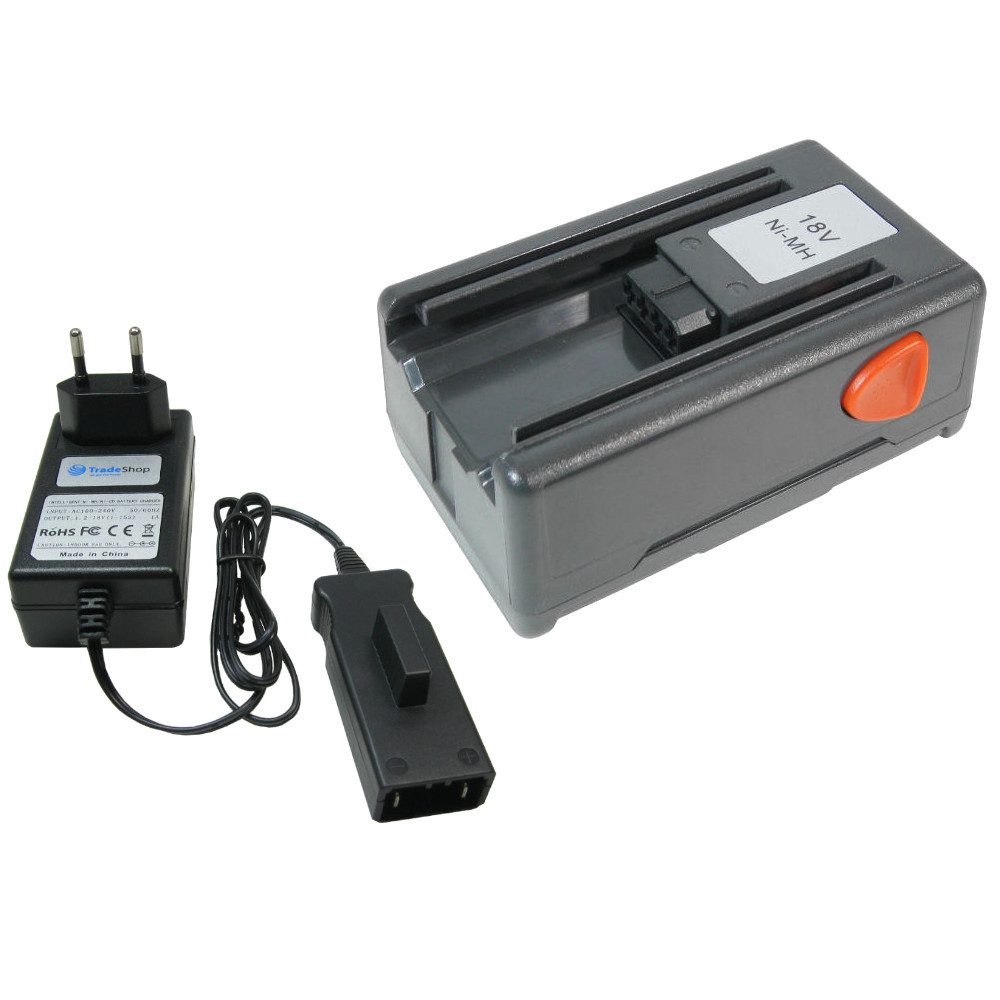 Trade-Shop Set passend für Gardena SmallCut 300, 300/23, 8844-20 - Ladegerät + Akku Ni-MH 1500 mAh (18 V)