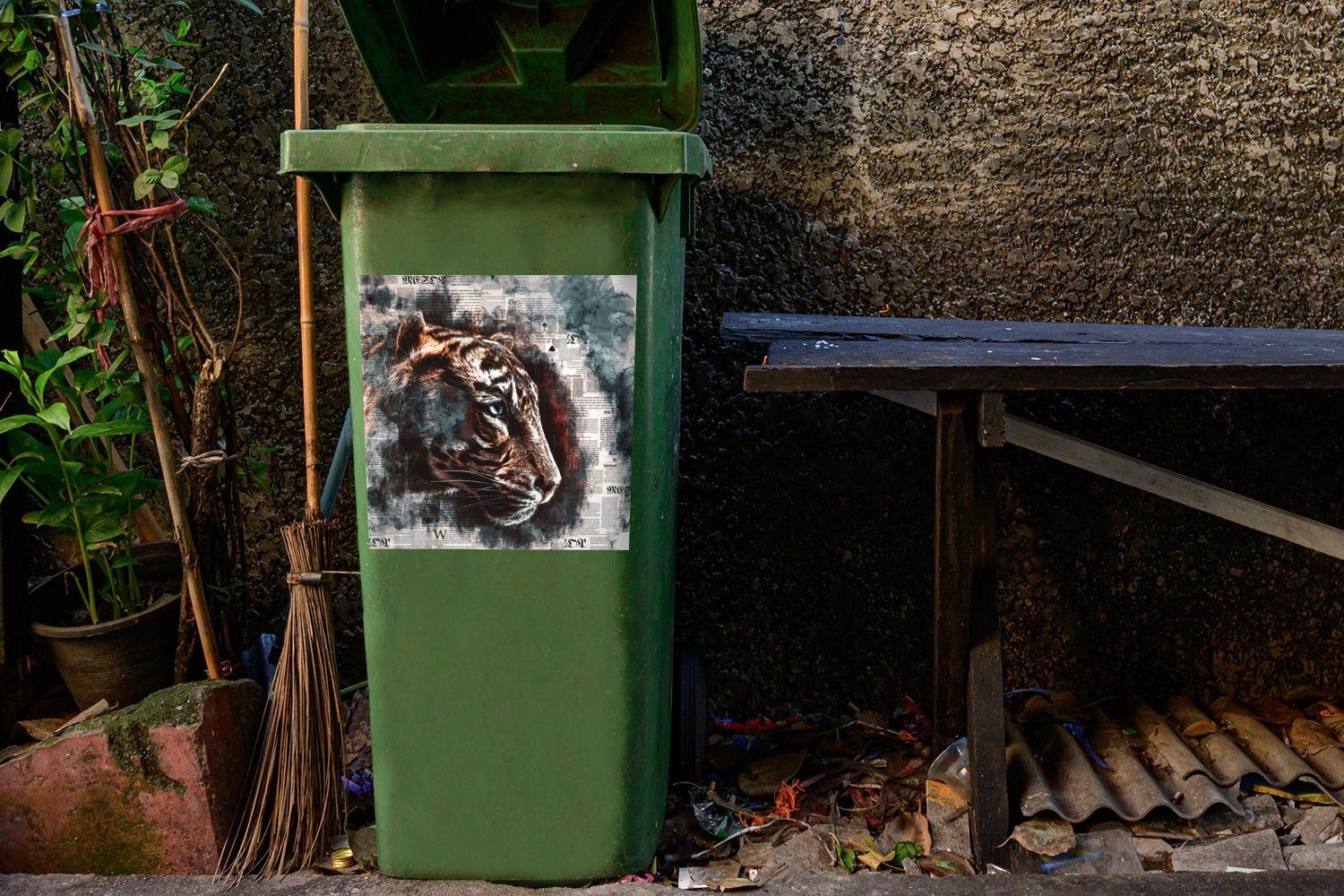 MuchoWow Wandsticker Tiger Sticker, Mülltonne, Kunst Container, Abfalbehälter - Mülleimer-aufkleber, St), Zeitung - (1