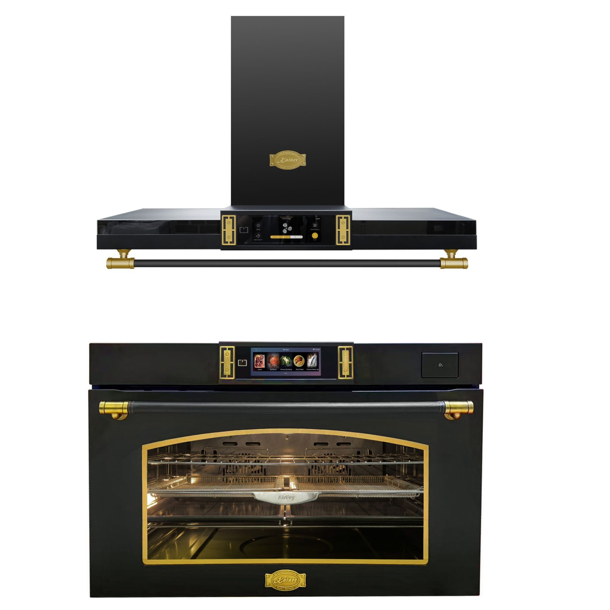 Kaiser Küchengeräte Backofen-Set 90 cm Retro Backofen XXL Dampfbackofen 133 L, TFT FullTouch Display, 37 Programmen: 100 % Dampfgaren, Sous-Vide, Gären, Heißluft PLUS, Pizza, Grill, Multi-Cooking, Auftauen, Warmhalten und Desinfektionsprogramm+Dunstabzugshaube 90cm TFT Display 1100 m3/h Wandhaube EH 9361 AD+AT 9332 AD, mit 1-fach-Teleskopauszug, Hydrolyse Dampfreinigung, Backofen XXL Dampfbackofen mit Dunstabzugshaube