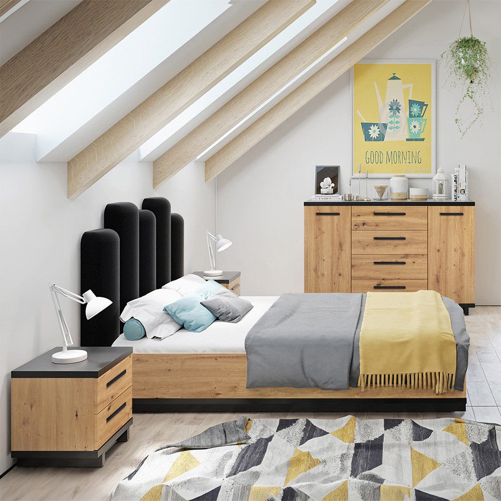 Lomadox Schlafzimmer-Set ISOLA-132, (Spar-Set, 4-tlg., Bettgestell Sideboard Nachttische), in Eiche und Schwarz, Liegefläche 160x200 cm
