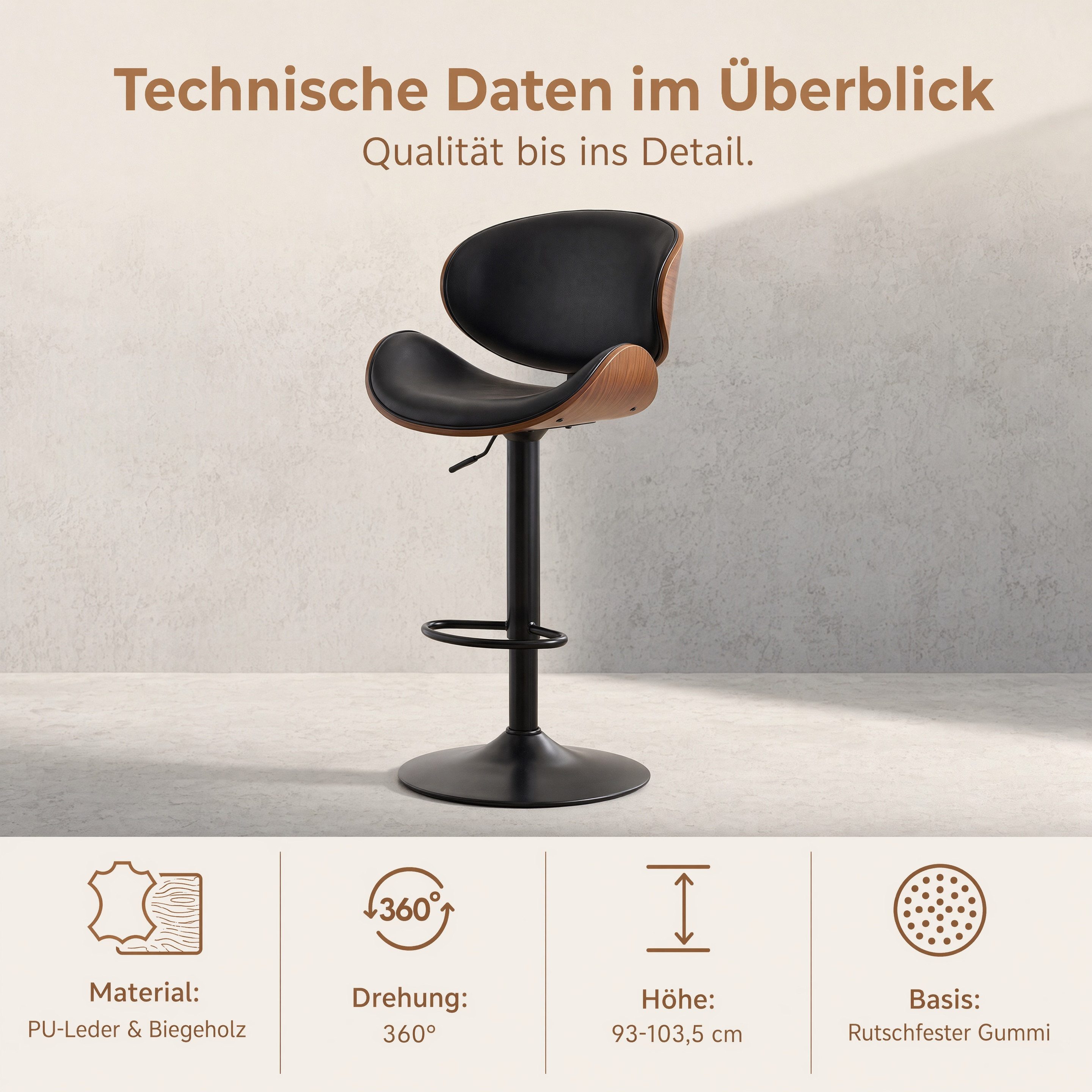 Totnz Barhocker Barstuhl 2er-Set, 360° drehbar und höhenverstellbar (2 St), PU-Leder mit Holz, Barstuhl mit Rückenlehne und Fußstütze