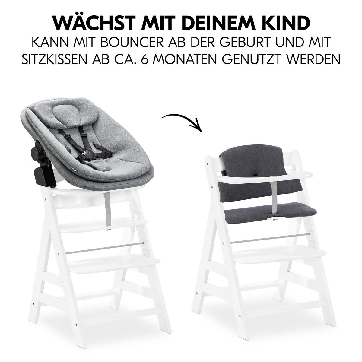 Hauck Hochstuhl Alpha Plus White Newborn Set (Set), Holz Babyhochstuhl ab Geburt inkl. Neugeborenenaufsatz & Sitzauflage