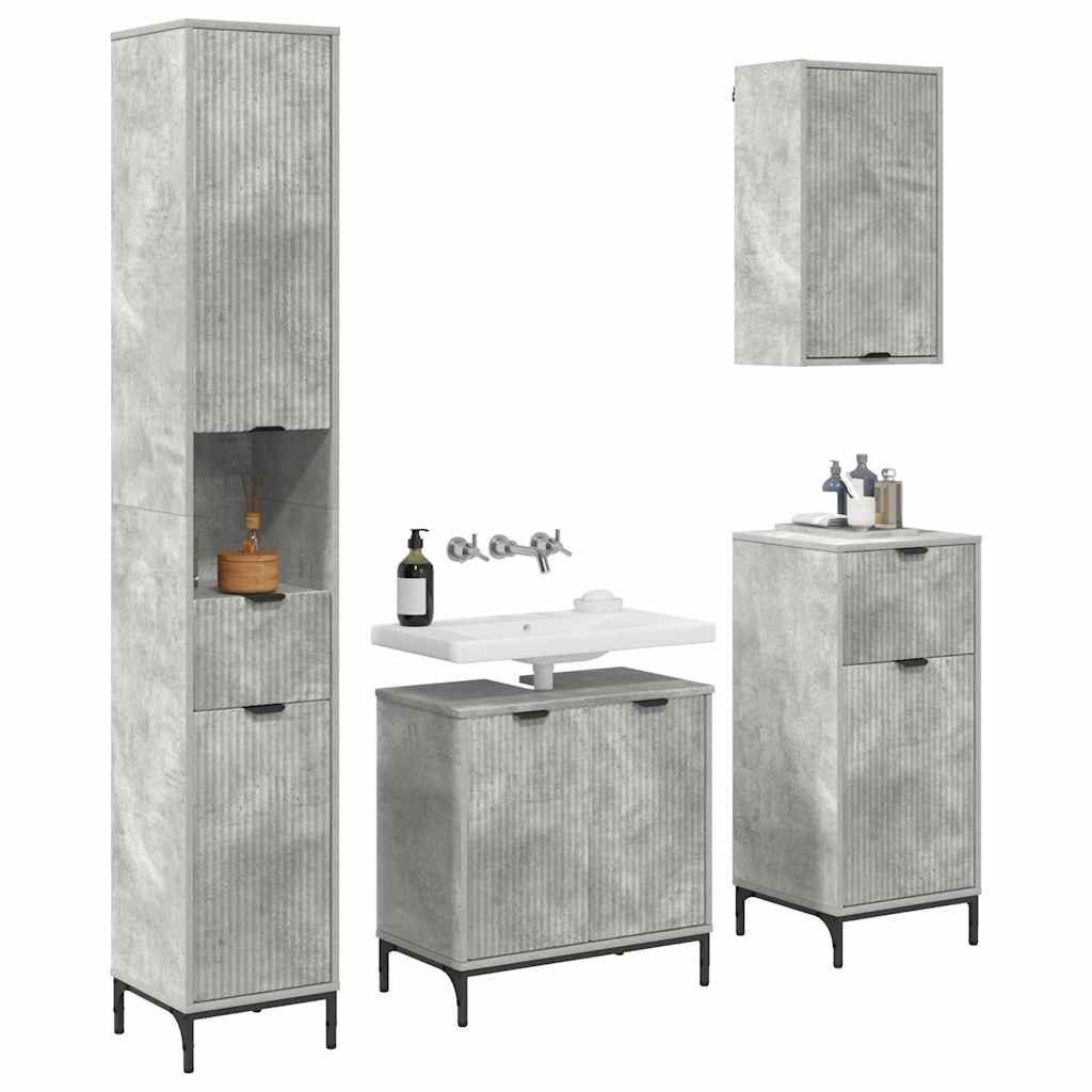 vidaXL Badezimmerspiegelschrank Badezimmermöbel-Set mit Tür Beton Grau Holzwerkstoff, Metall (4-St)