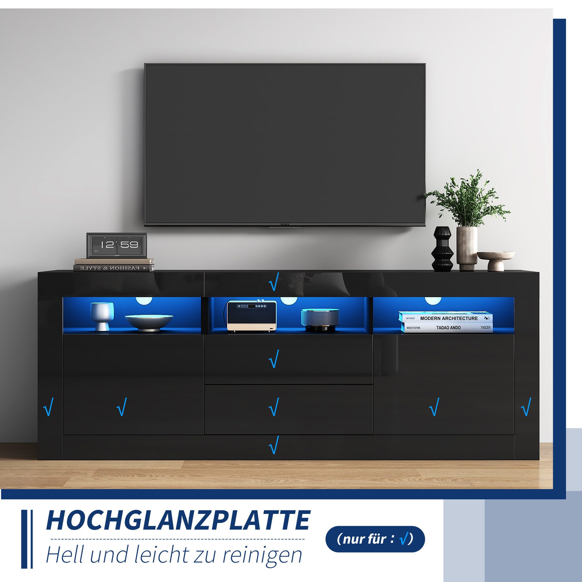 HAUSS SPOLE Lowboard with LED lighting, 3 open compartments, 2 doors, 2 drawers, black (TV stand for 70-inch TVs, 3 open compartments, 2 doors, 2 drawers), with LED lighting