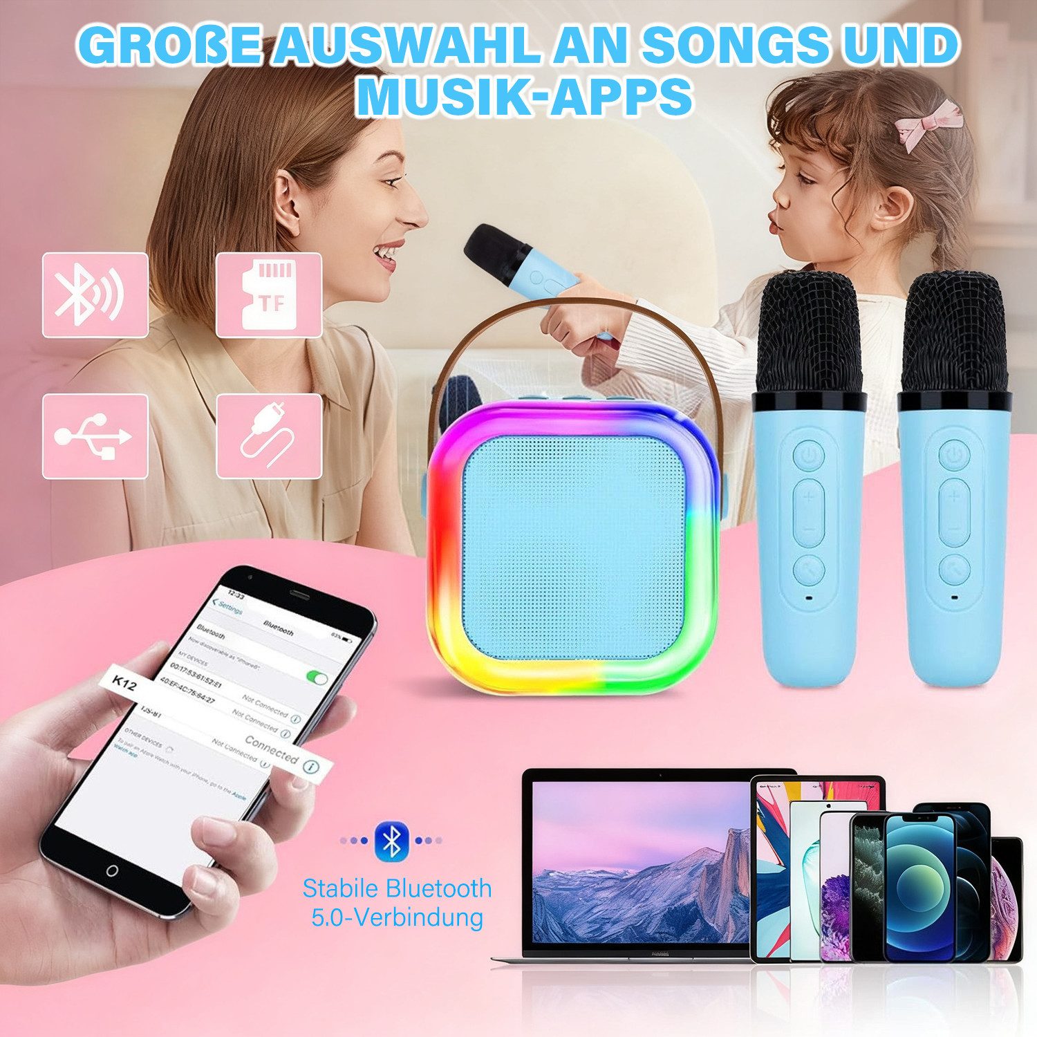 MOPUEA Mini-Karaoke-Set Karaoke-Maschine mit 2 kabellosen Mikrofonen Bluetooth-Lautsprecher (5 W, Partygeschenk, tragbar, Geschenke) – Bild 2 von 5