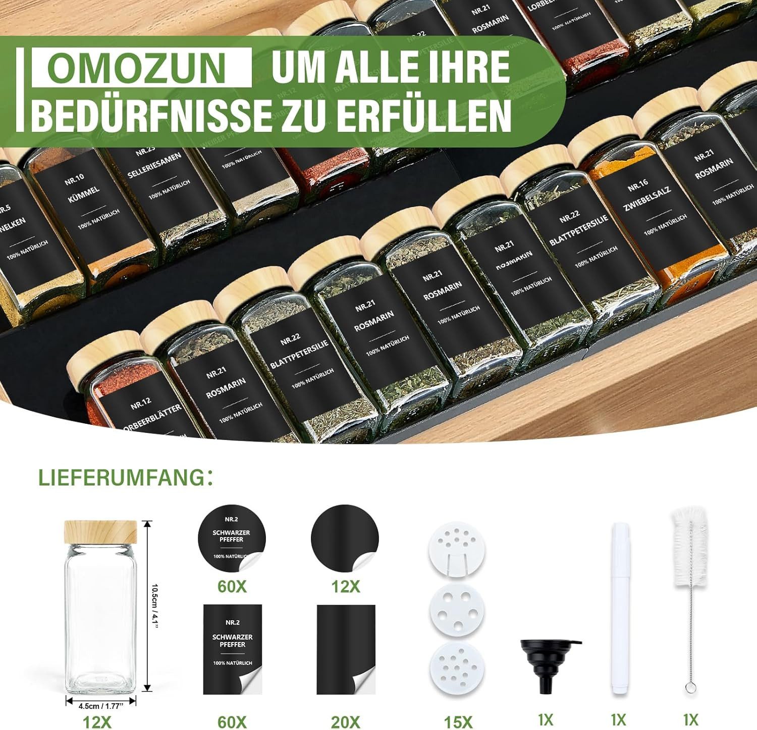 BBWL Pfefferstreuer Gewürzgläser Set eckig 120 ml mit Zubehör, 12er, 24er oder 36er Set, (12-tlg), luftdichte Gewürzdosen aus Glas mit Etiketten für Schubladen&Organizer