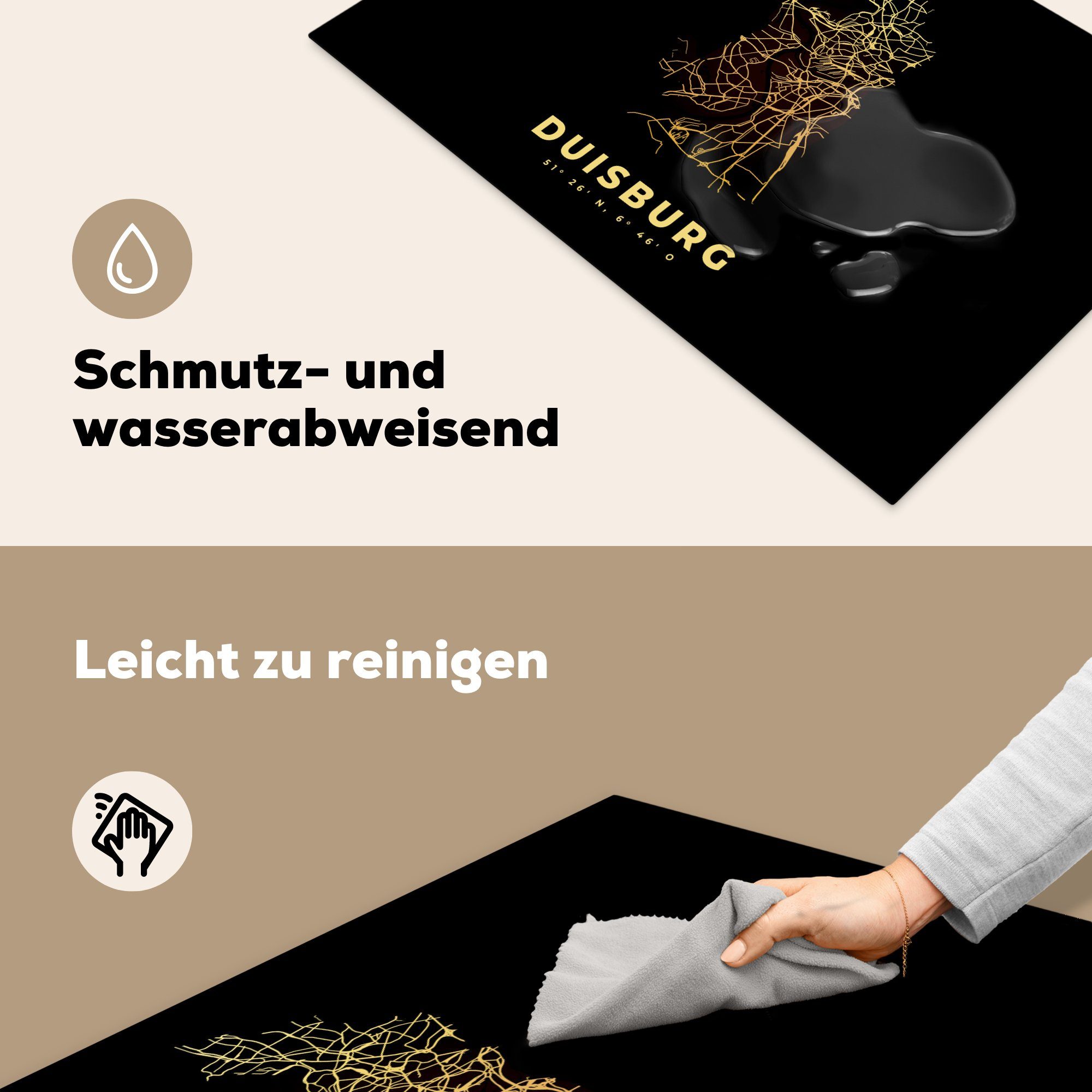 - MuchoWow Stadtplan, Vinyl, die küche, Ceranfeldabdeckung für Induktionskochfeld - Gold Duisburg Karte - Herdblende-/Abdeckplatte Schutz tlg), (1 cm, 81x52