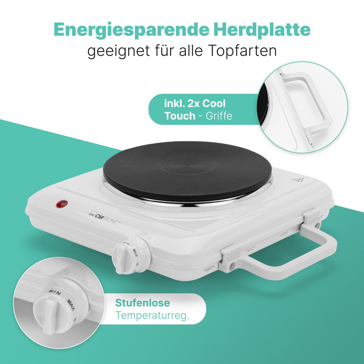 CLATRONIC Einzelkochplatte EKP 3582, für Camping, Küche, Büro, 1500W, Ø ca. 180 mm