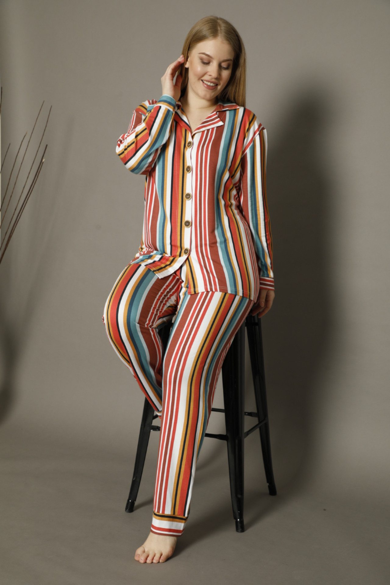 SEXEN (Siyah Inci) Pyjama Damen Pyjama-Set mit Streifenmuster – Große Größen, Knopfleiste Farbharmonisches Design, figurfreundlich