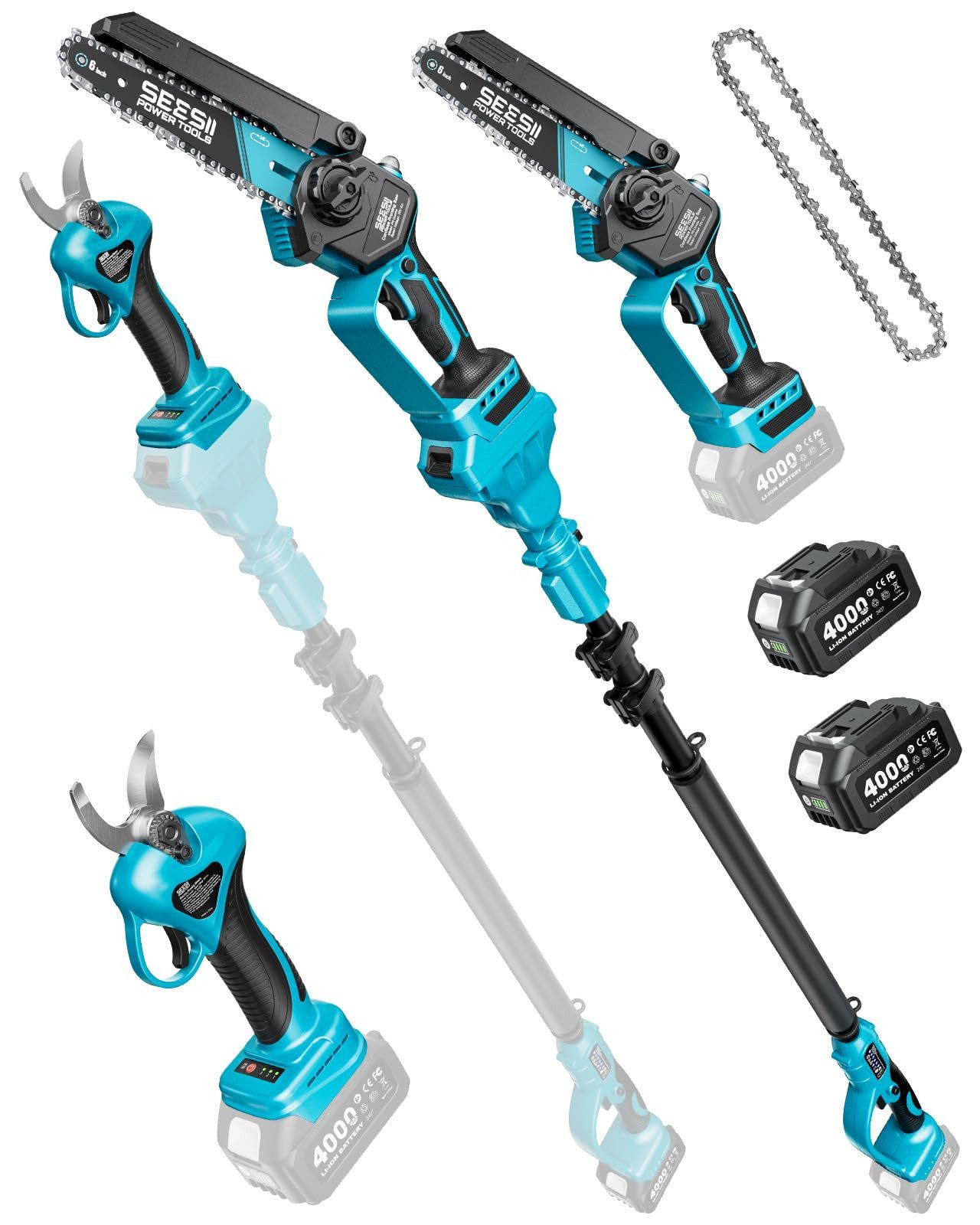 SEESII Akku-Astschere 6 Zoll Mini‑Kettensäge mit Teleskopstiel, 33 mm Elektro‑Gartenschere, bis 4,57 m Arbeitshöhe, (mit 2 x 4000mAh Batterien), maximale Reichweite bis 4,57 m, 30 ml Öltank