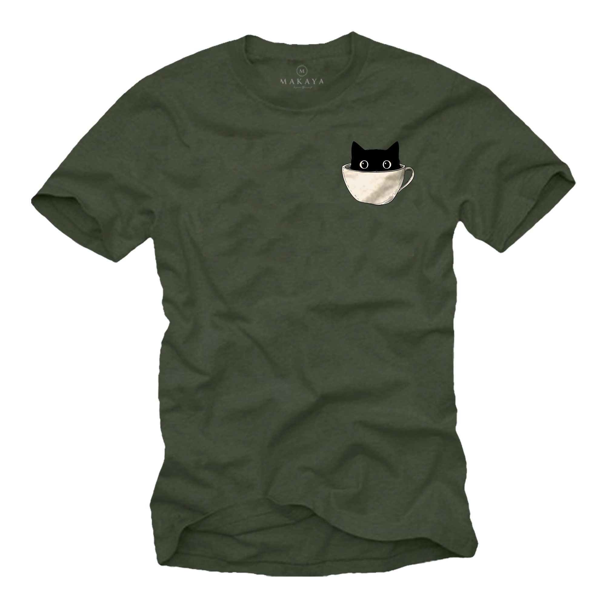 MAKAYA T-Shirt Lustiges Katzen Printshirt für Herren - Witziges Geschenk Kaffeefans (Schwarz, Blau, Grau, Grün, S, M, L, XL, XXL, XXXL, XXXXL, XXXXXL) Baumwolle