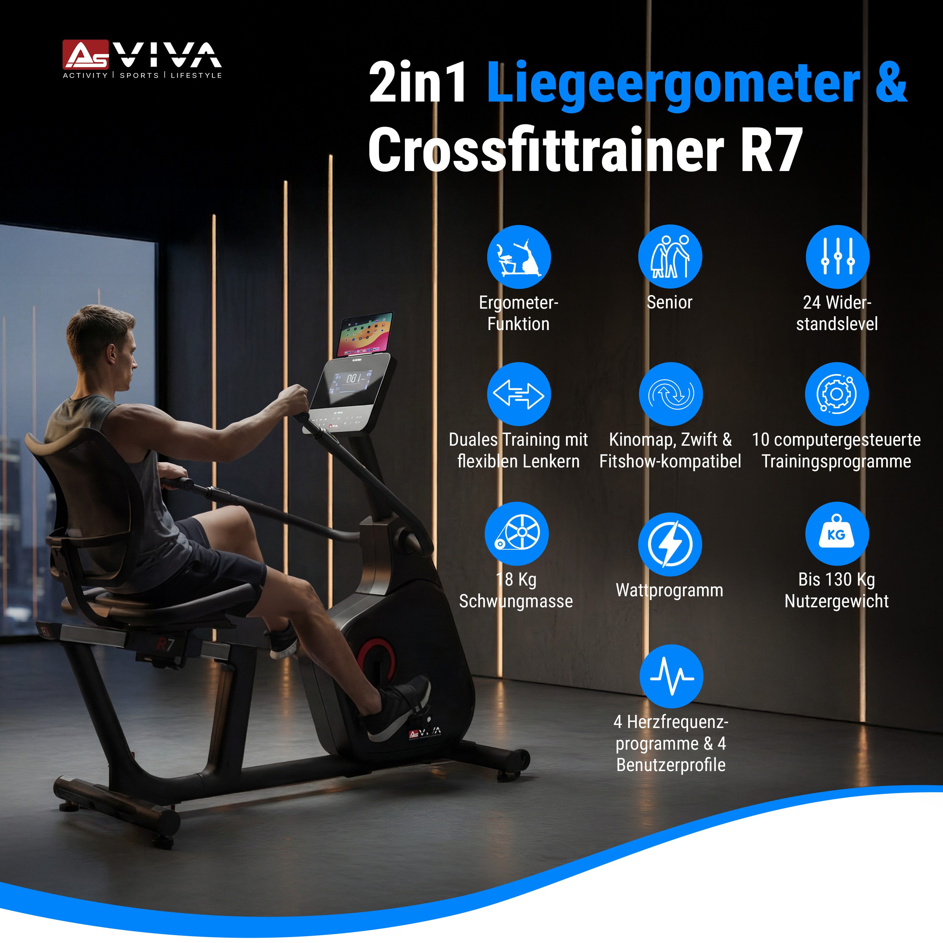 AsVIVA Liege-Ergometer R7 Pro, Display mit LED-Beleuchtung, Bluetooth, Fitness-Apps kompatibel