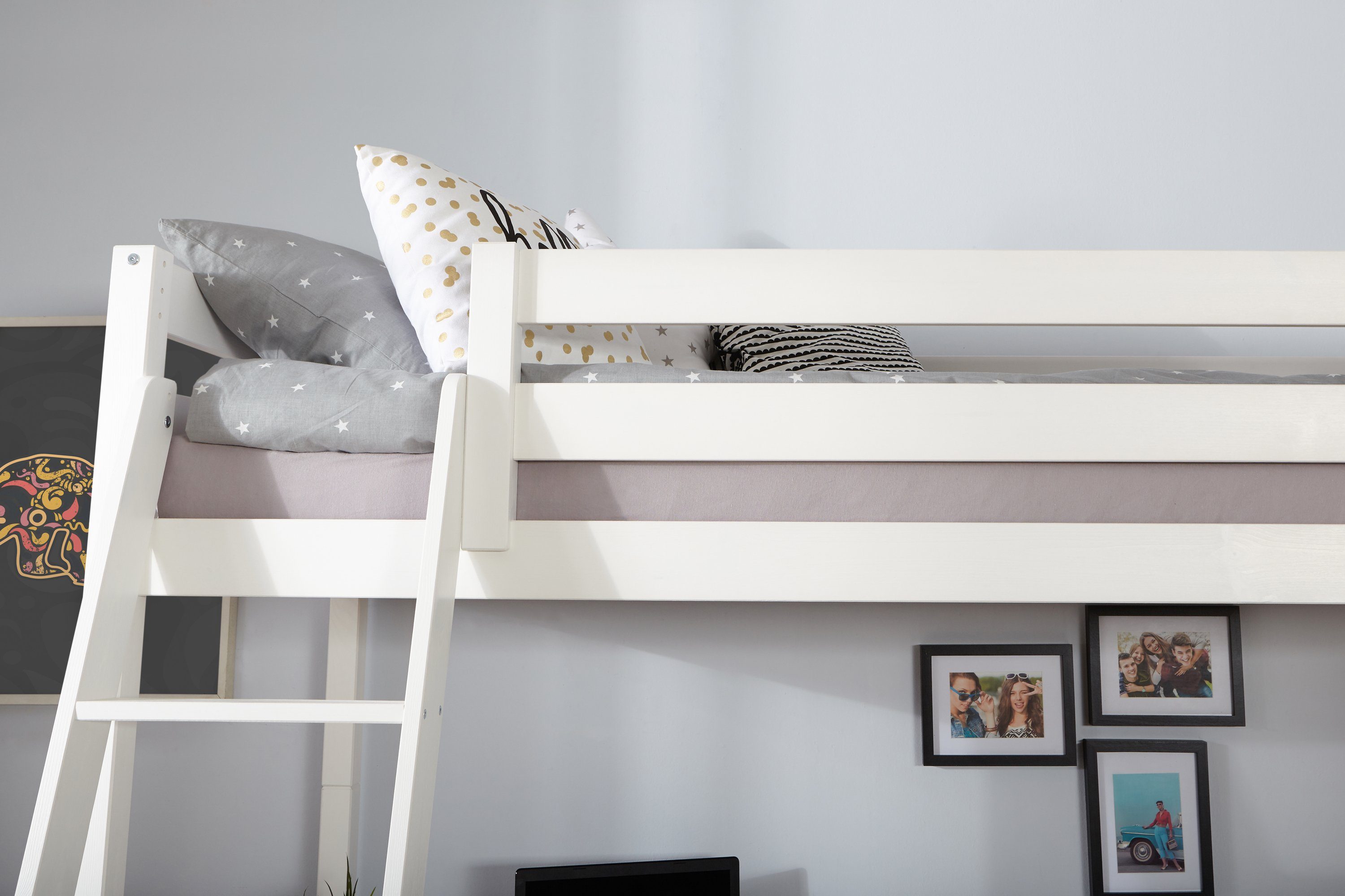Ticaa loft bed “Felix” with desk, solid pine, optimal space utilization, desk surface dimensions L206 x W50 cm