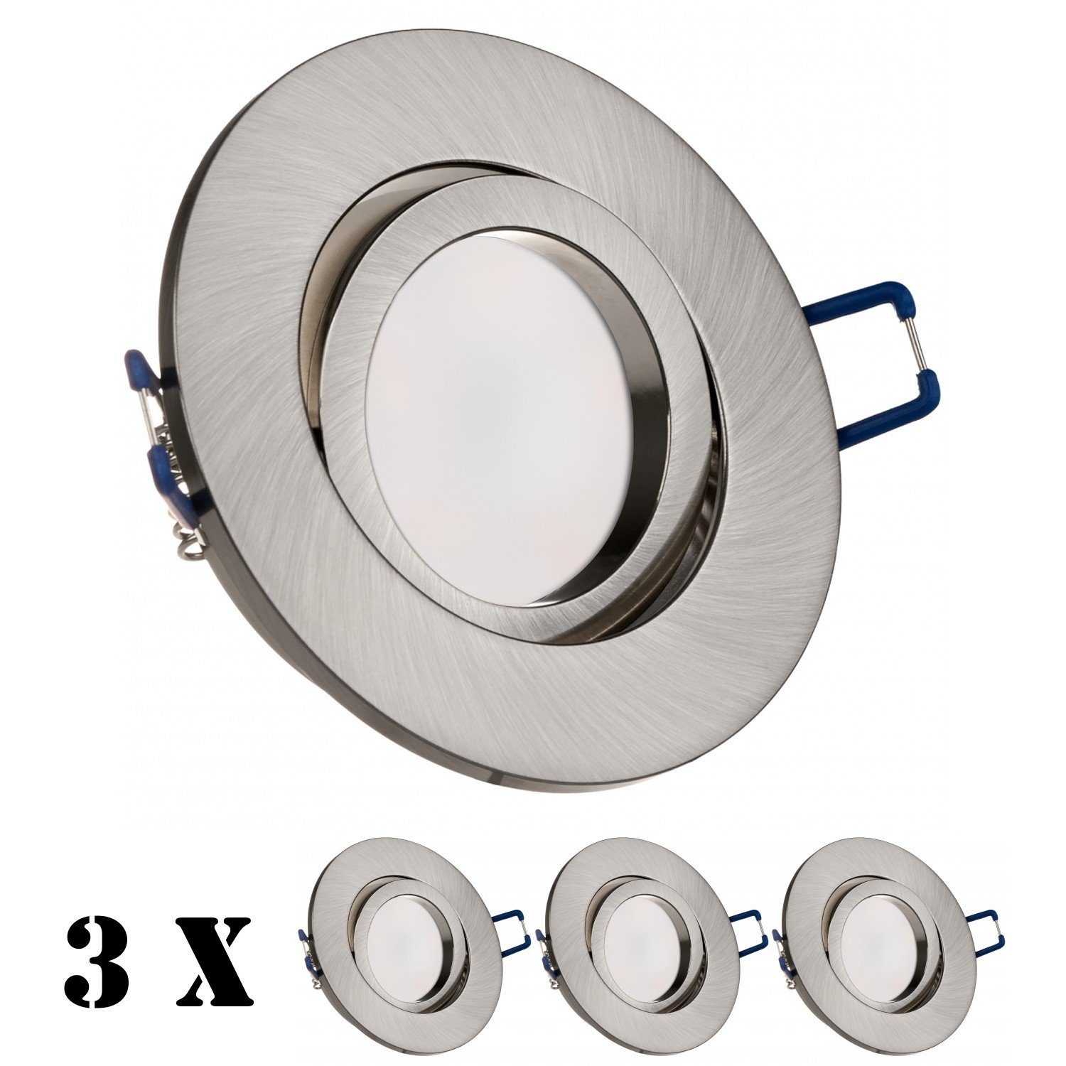LEDANDO LED Einbaustrahler 3er LED Einbaustrahler Set extra flach in edelstahl / silber gebürstet | Strahler