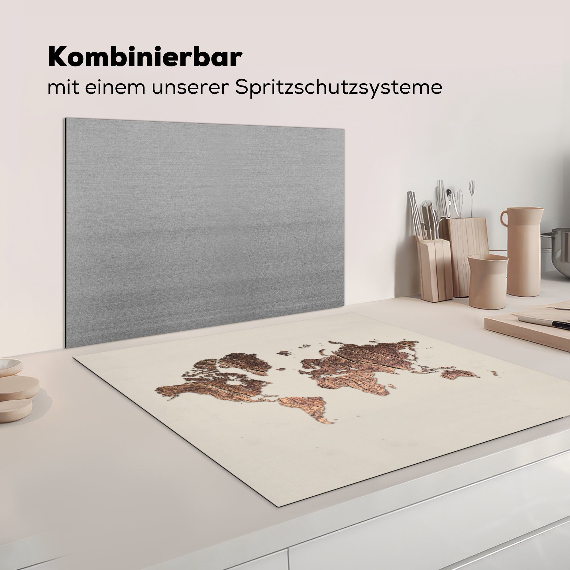 küche tlg), Beige, Holz Arbeitsplatte Vinyl, Weltkarte cm, (1 Herdblende-/Abdeckplatte MuchoWow - Ceranfeldabdeckung, - für 78x78