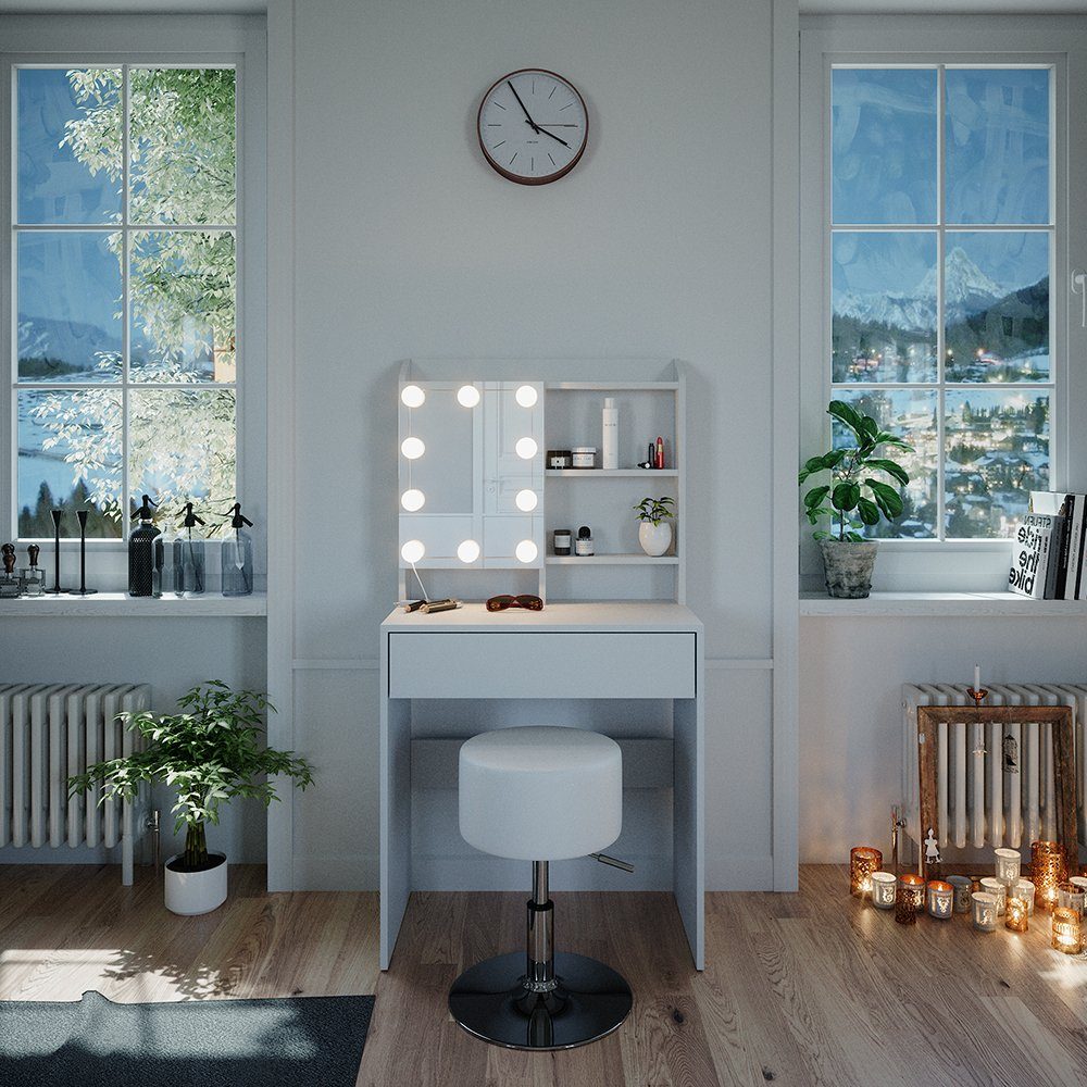 Vicco Schminktisch Laura, Weiß, 70 cm mit LED Beleuchtung und Hocker günstig online kaufen