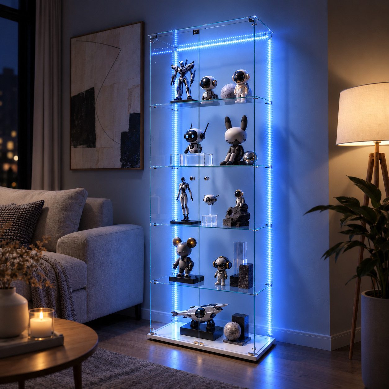 Simurq Glasvitrine Standvitrinen mit LED Beleuchtung Vitrinenschrank mit Glastür Sammlervitrine aus gehärtetes Glas,Modernes rahmenloses Design
