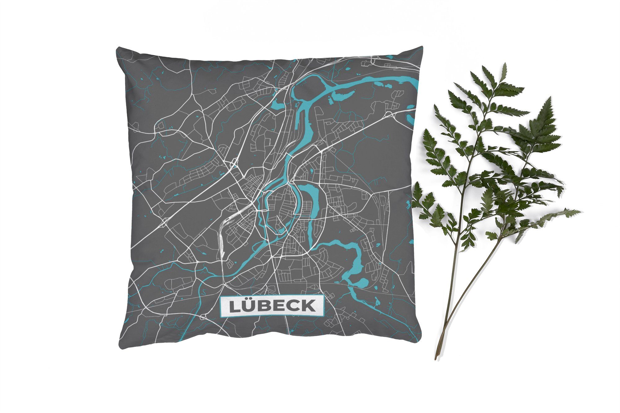 Dekokissen - Blau - Schlafzimmer, Deko, Zierkissen Wohzimmer, Deutschland, Sofakissen Füllung MuchoWow Karte für mit - Lübeck Stadtplan -