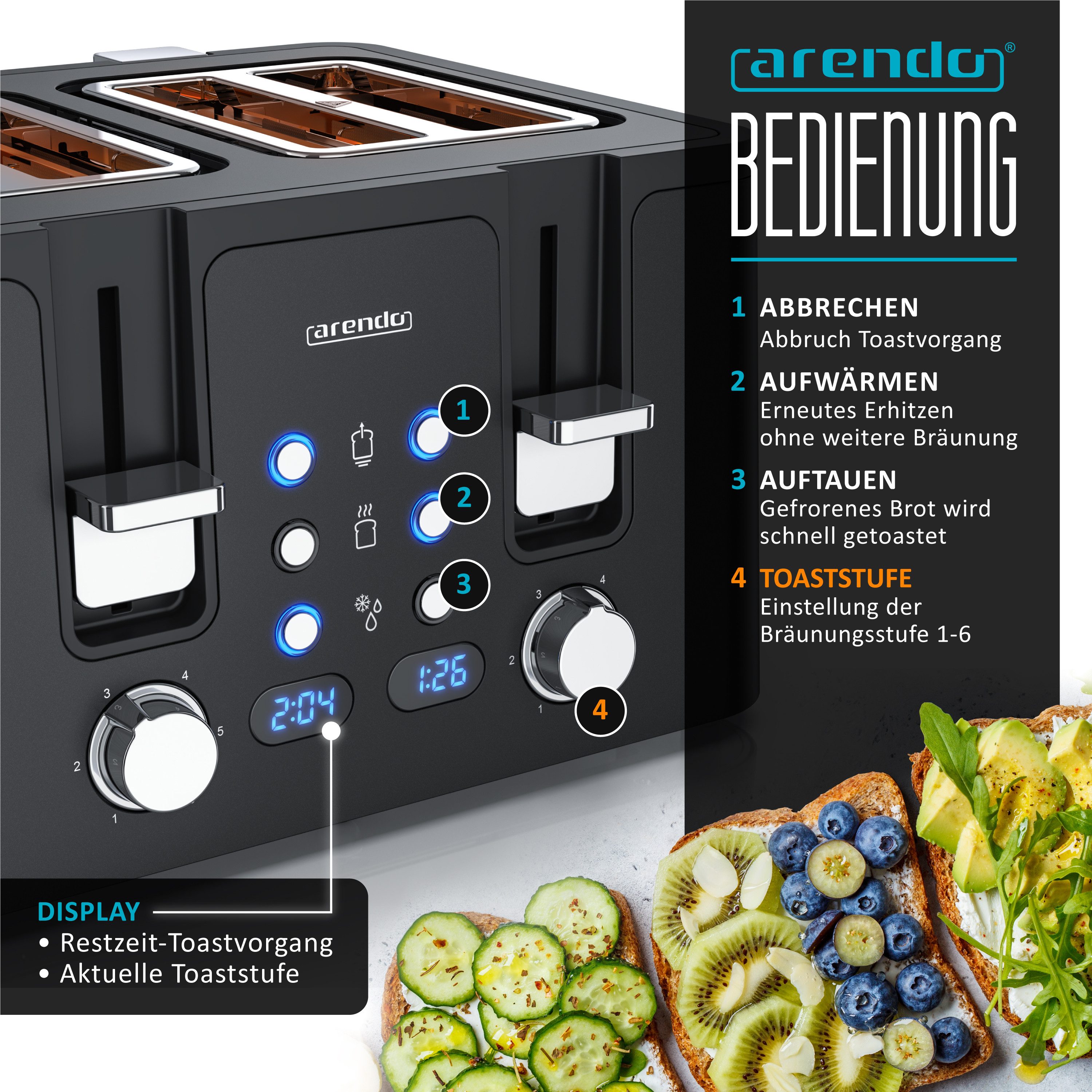 Arendo Toaster 4-Scheiben, Edelstahl, Brötchenaufsatz, Restzeitanzeige, Schwarz, 4 kurze Schlitze, für 4 Scheiben, 1750 W, Doppelwandgehäuse, Defrost Funktion, Krümelschublade, 6 Bräunungsgrade