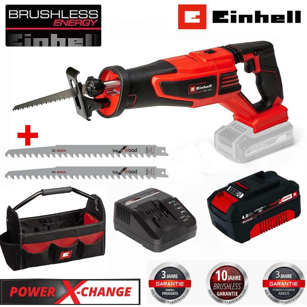 Einhell AkkuSäbelsäge säge TPAP 18/28 Li BL+Akku 4.0 Ah Lader + 2 Bosch Sägeblätter + Bag