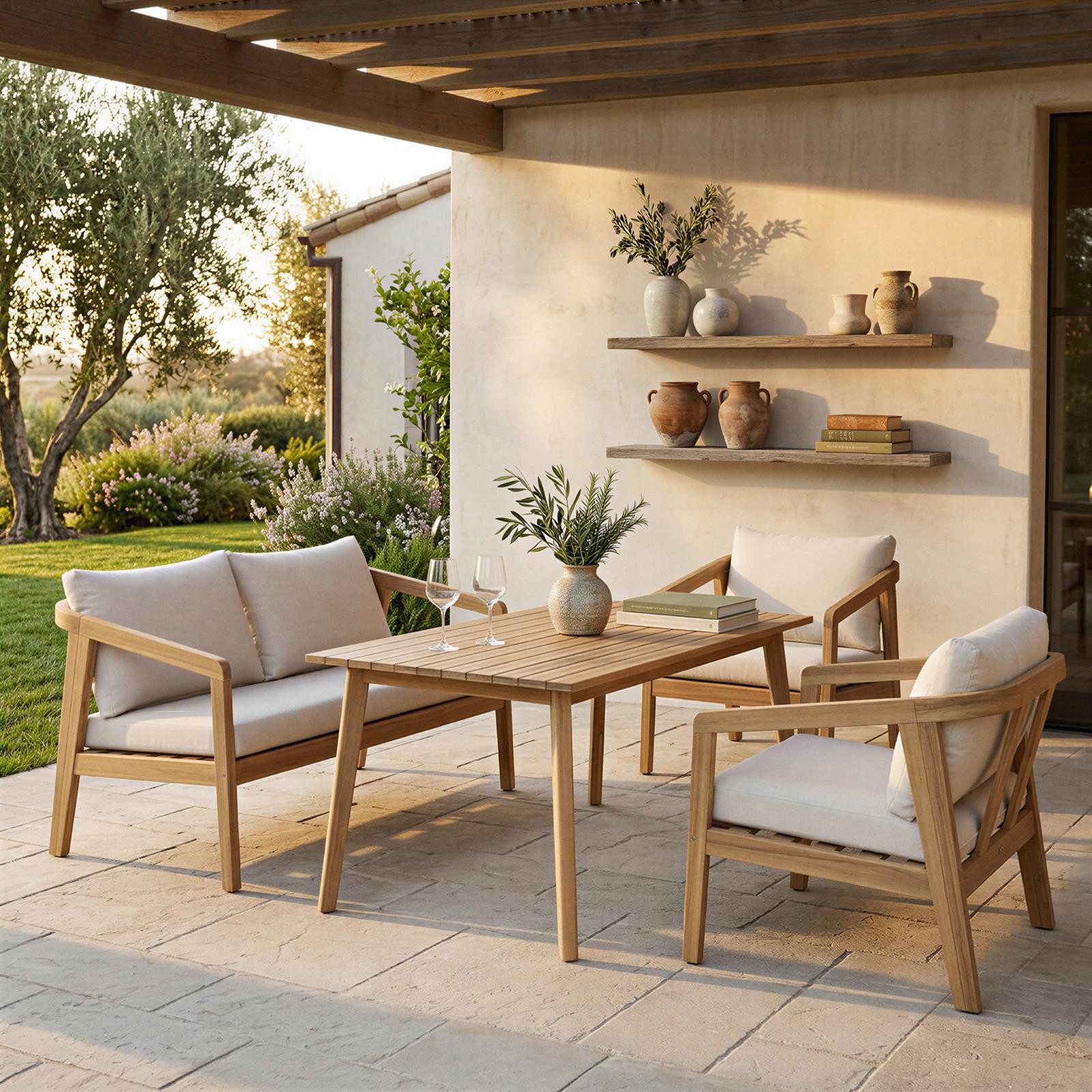 IDIMEX Gartenlounge-Set YAPA, (4-tlg), Outdoorset aus massivem Akazienholz 4-teilig mit Polstern Natur/Beige