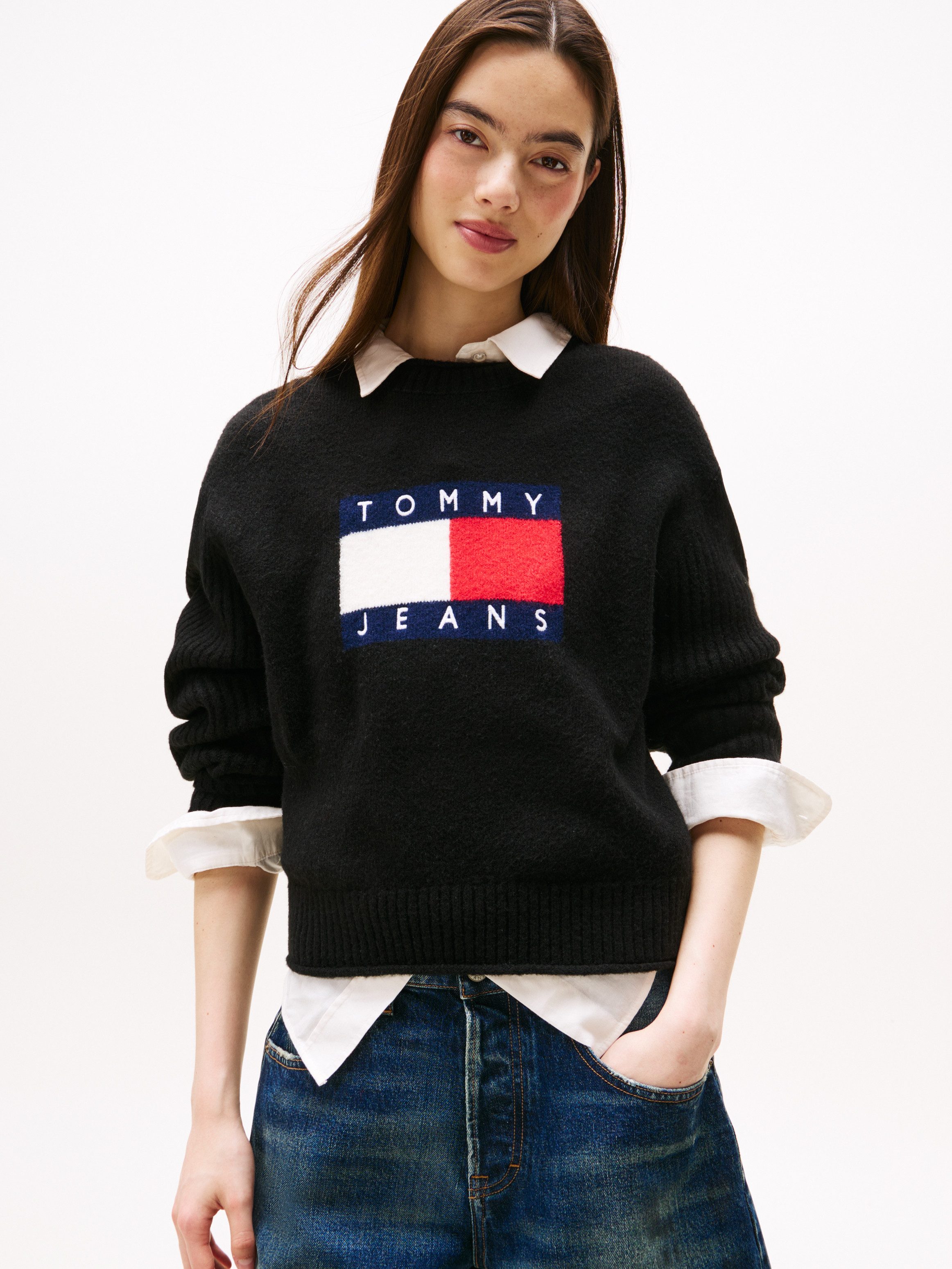 Tommy Jeans Strickpullover TJW MELANGE FLAG SWEATER RIB EXT in gerippter St günstig online kaufen